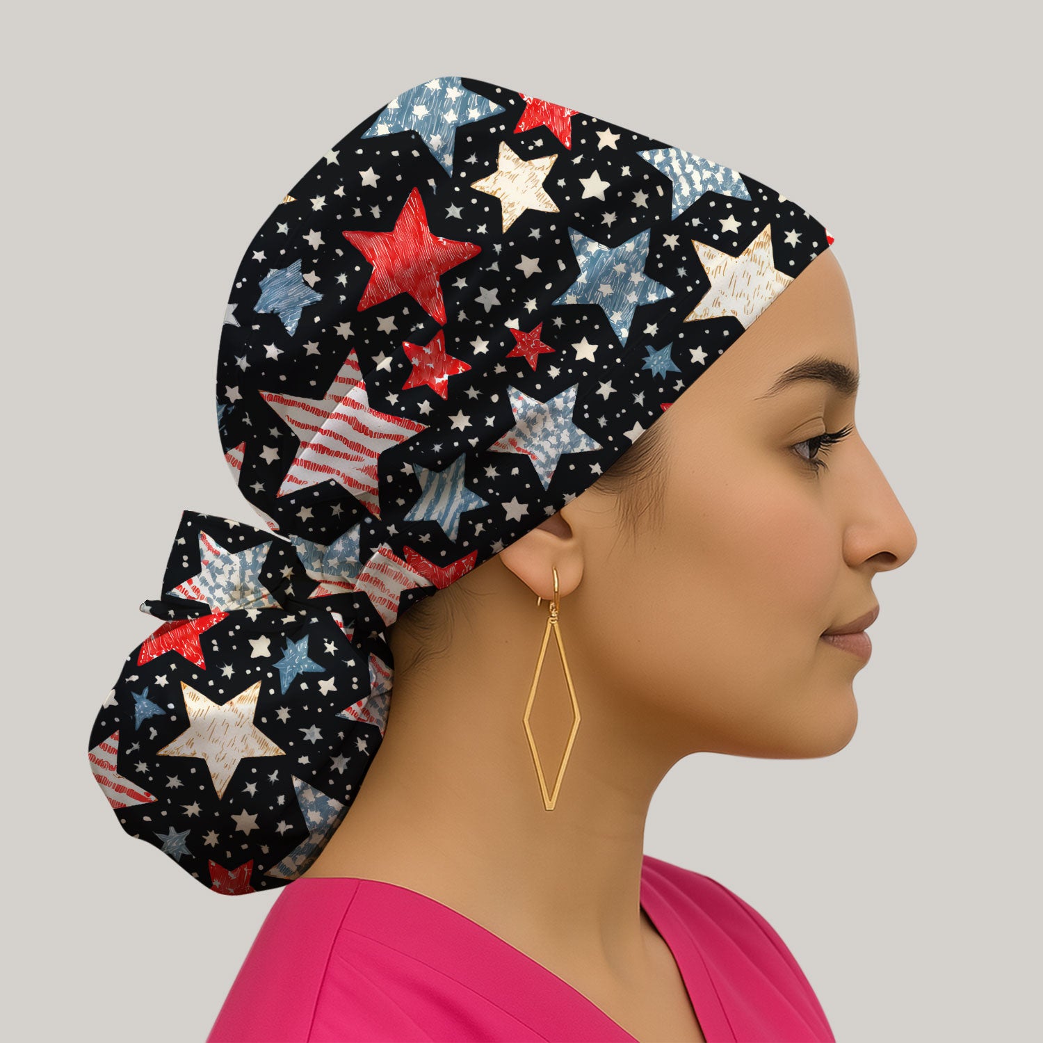 Patriotic Star Pattern Scrub Cap, Breathable Fabrics Caps Uniform