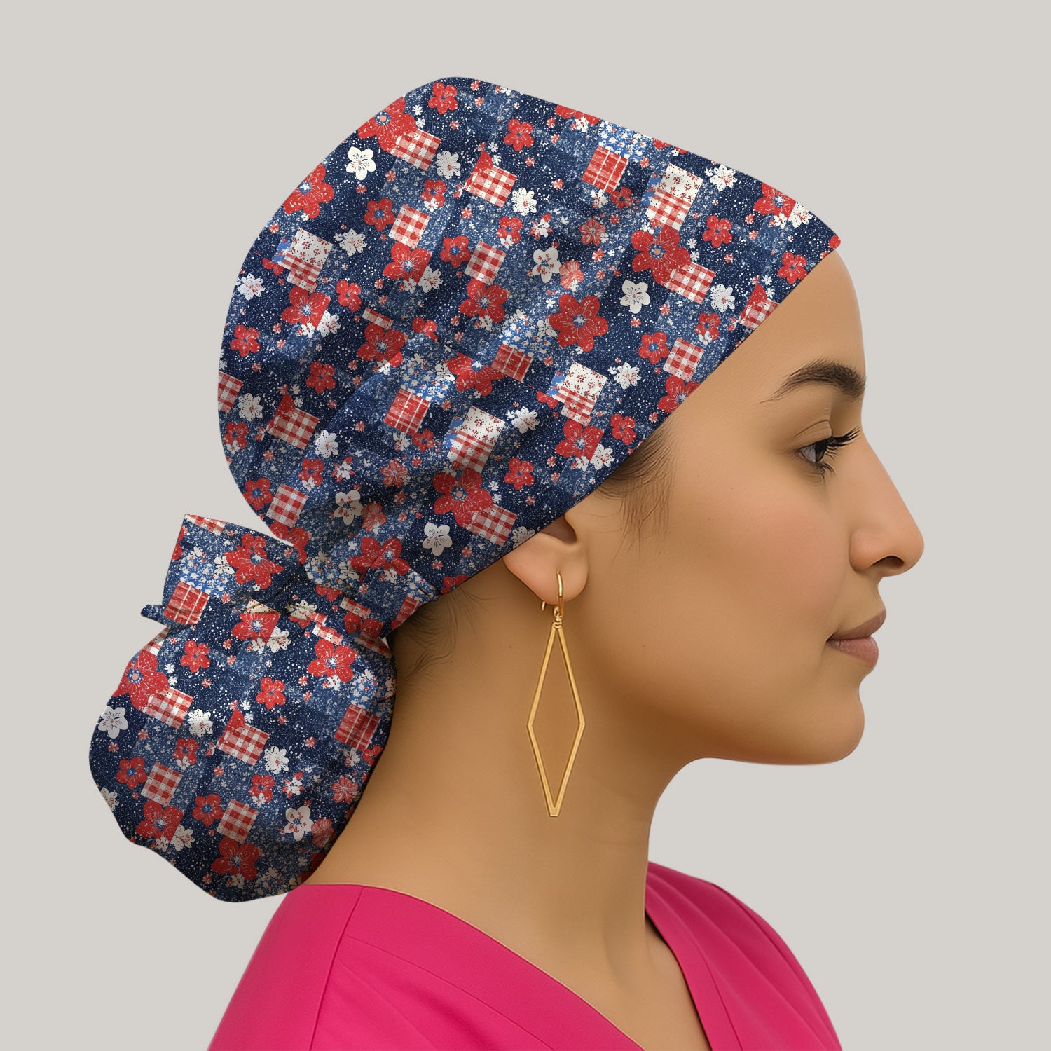 Patriotic Gingham Floral Patchwork Pattern Scrub Cap, Surgical Caps for Doctors