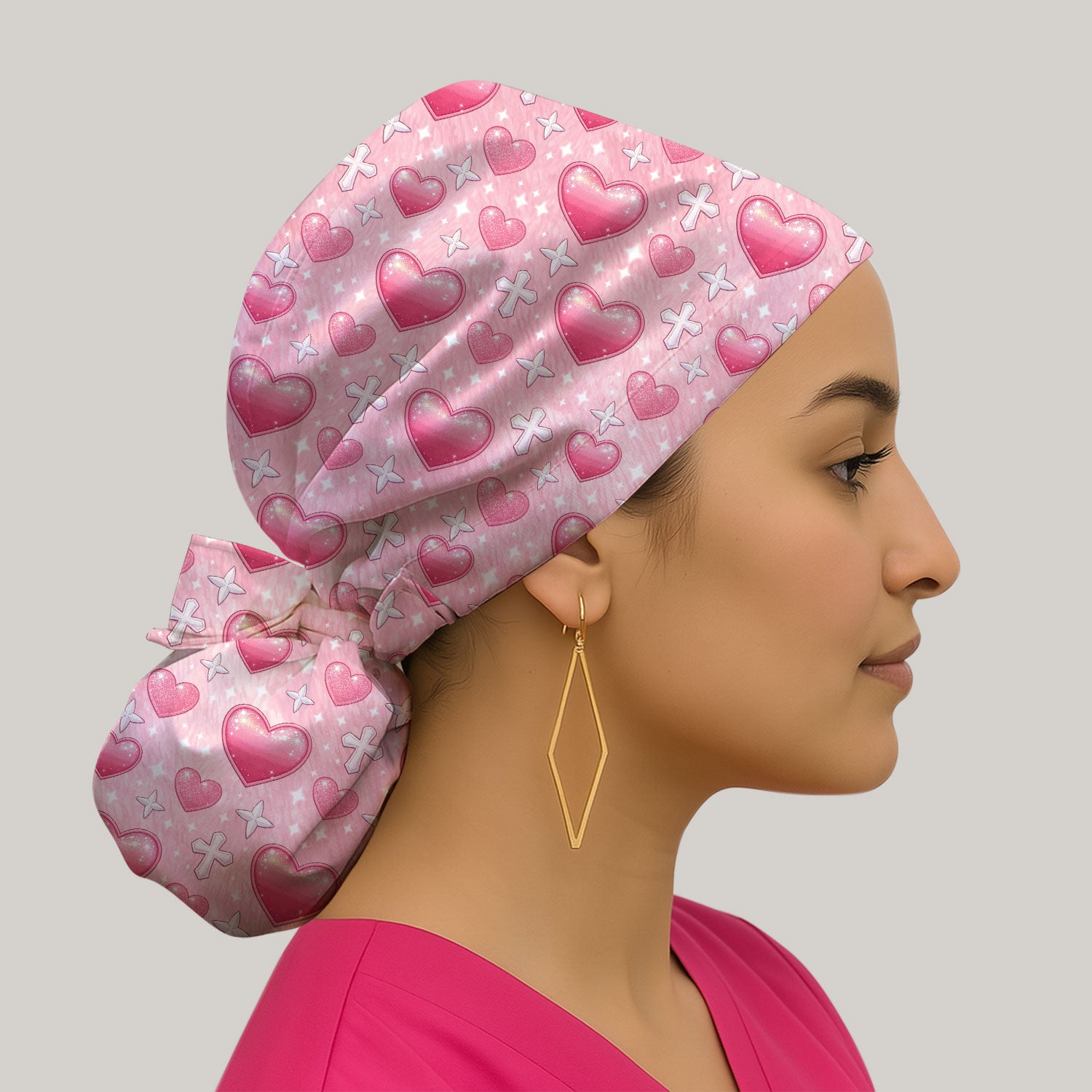 Pink Heart & Cross Pattern Scrub Cap, Bouffant Scrub Caps for Women