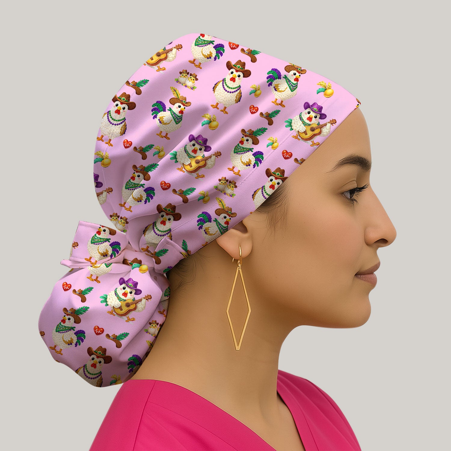 Funny Mardi Gras Rooster Cowboy Print Cap, Bouffant Scrub Caps for Women