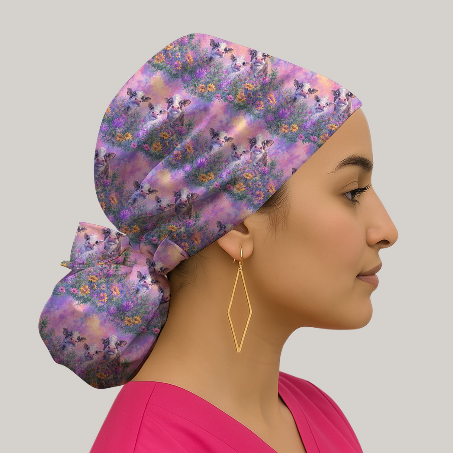 Pastel Cow Meadow Flower Pattern Scrub Cap, Surgical Caps for Doctors