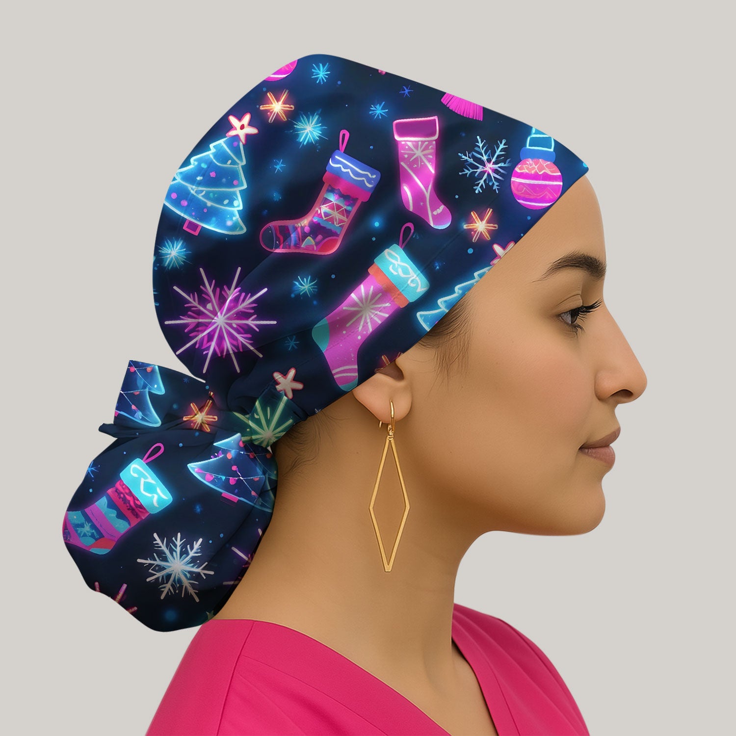 Xmas Neon Pattern Scrub Cap, Christmas Scrub Hat, Breathable Fabrics Nursing Uniform