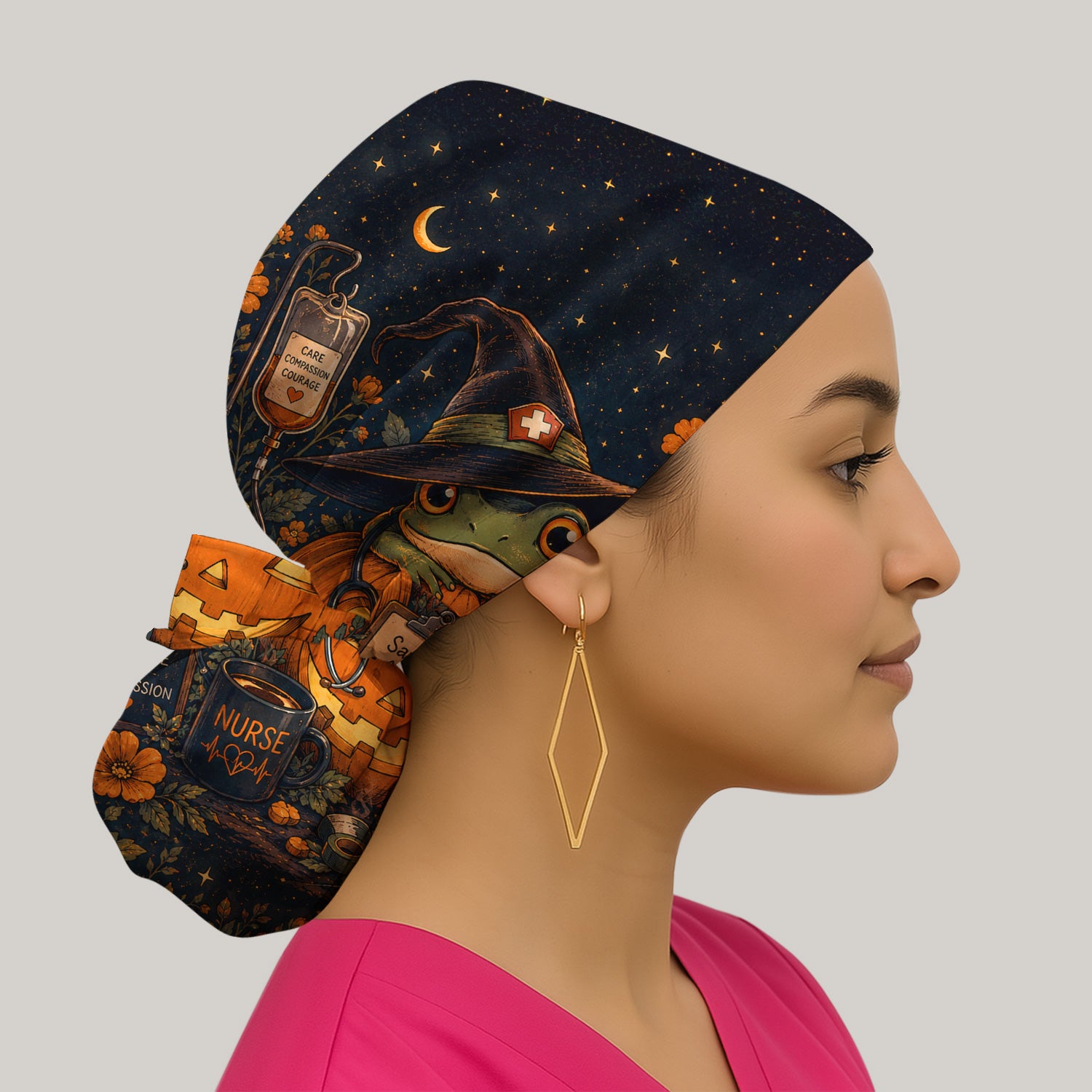 Halloween Witch Frog Pumpkin Scrub Cap, Surgical Caps for Doctors