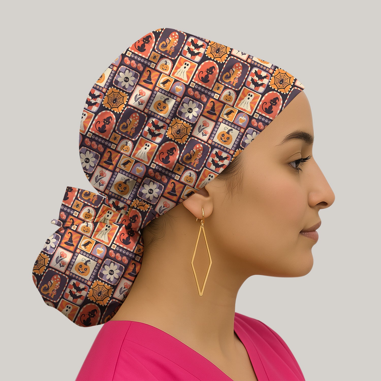 Retro Halloween Patchwork Icons Scrub Cap, Surgical Caps for Doctors