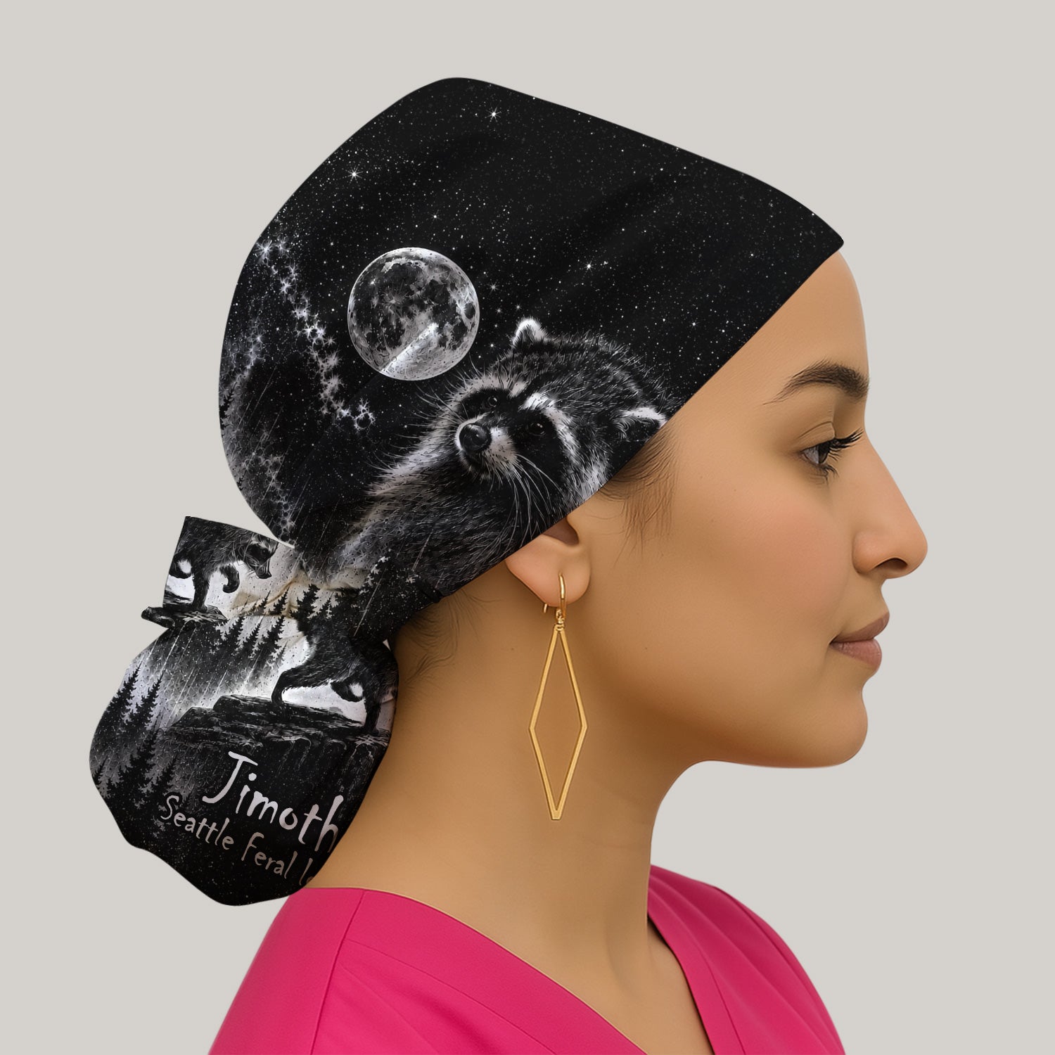 Moonlit Raccoon Forest Print Scrub Cap, Surgical Caps for Doctors