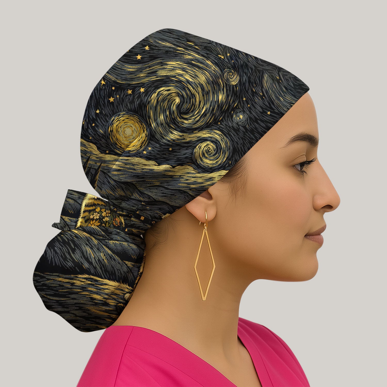 Galaxy Night Sky Cat With Flowers Print Cap, Bouffant Scrub Caps for Women