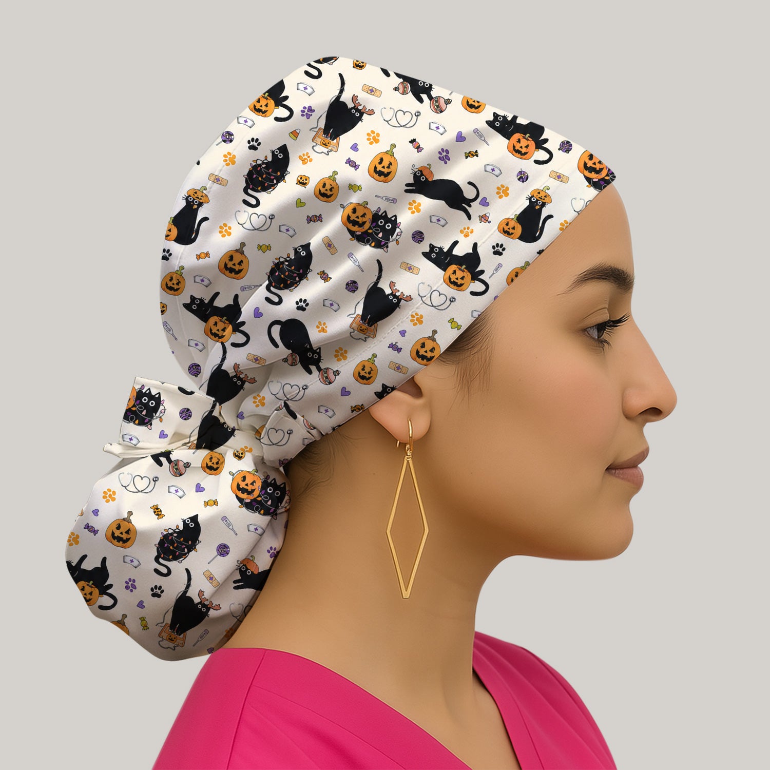 Pumpkin Black Cat Pattern Scrub Cap, Surgical Caps for Doctors