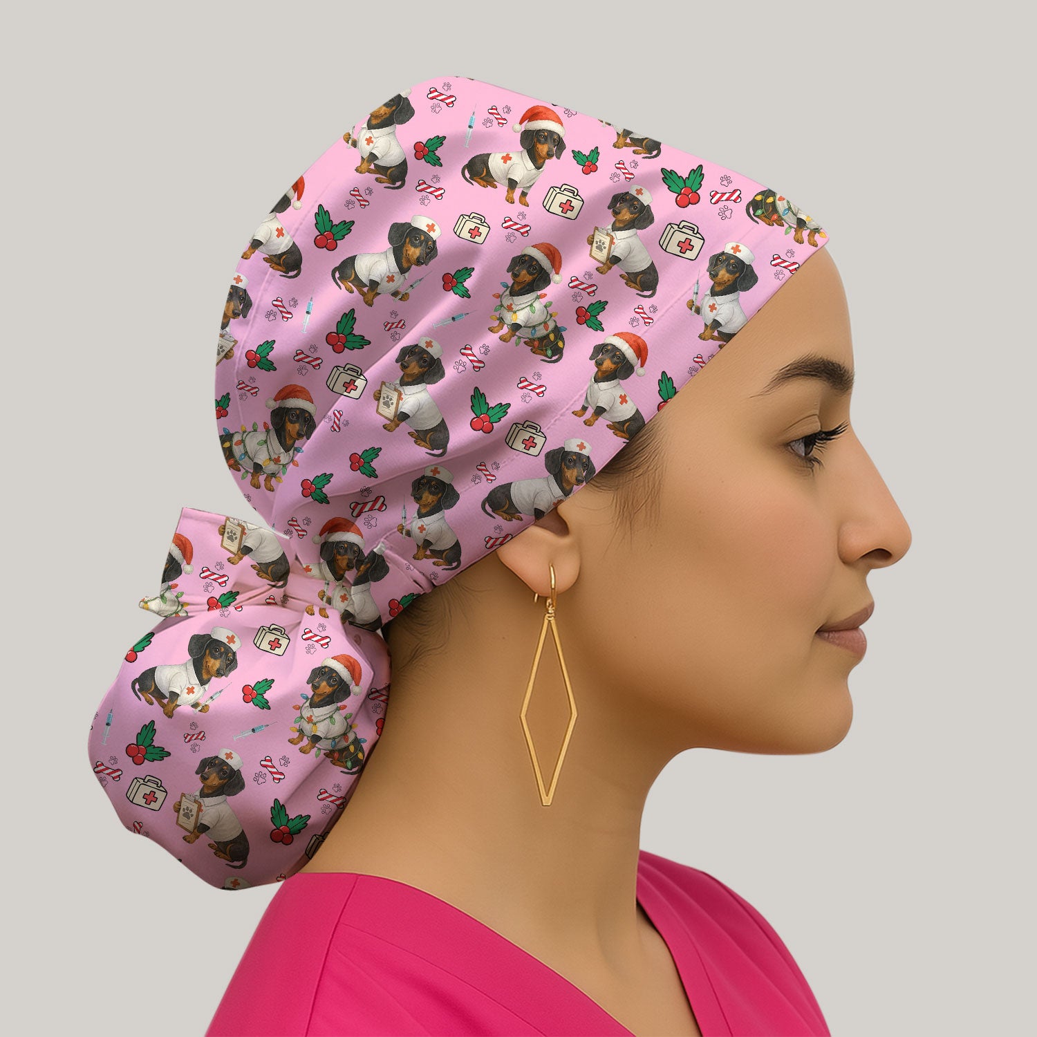 Custom Christmas Nurse Scrub Cap - Dachshund Dog Surgical Hat Multi Color - Funny Holiday Bouffant Cap for Women Nurses