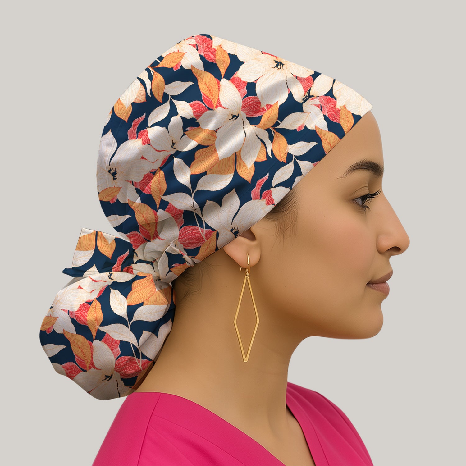 Elegant Ivory Lily Leaves Pattern Scrub Cap, Surgical Caps for Doctors