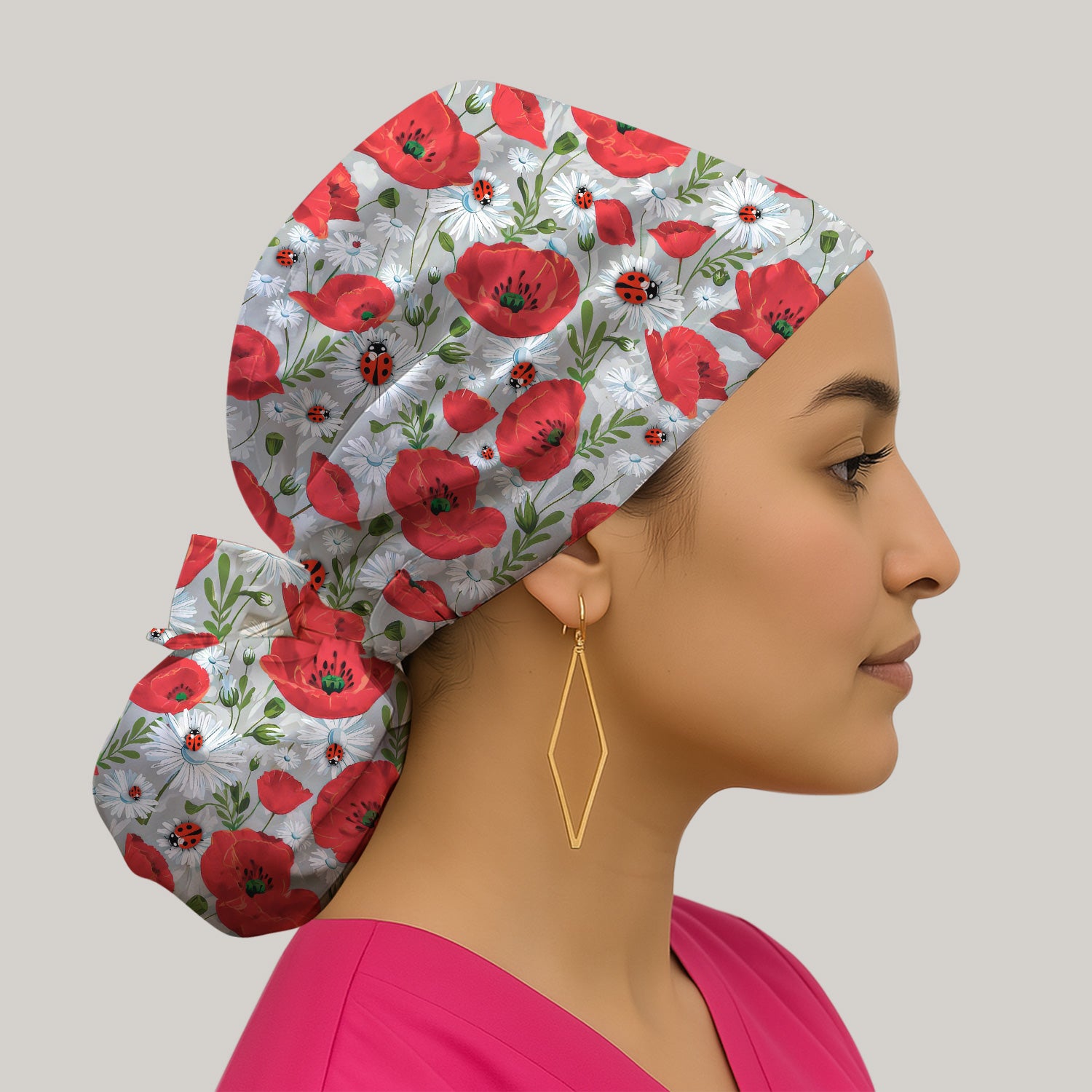 Cute Red Poppy Daisy Ladybug Floral Print Nurse Scrub Cap, Surgical Caps for Doctors