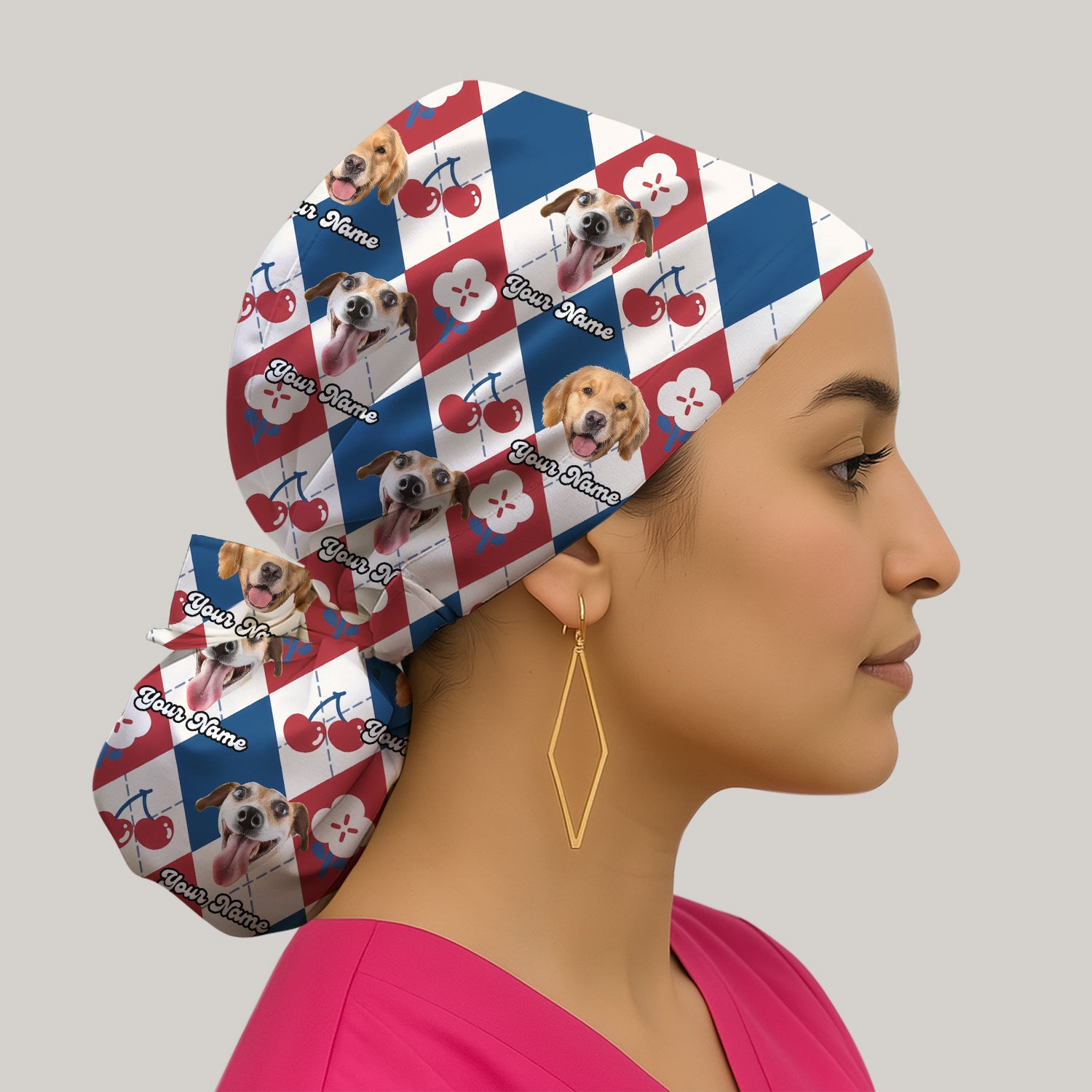 Custom Dog Face Scrub Cap, Playful Dog Cherry Argyle Pattern, Surgical Caps for Doctors