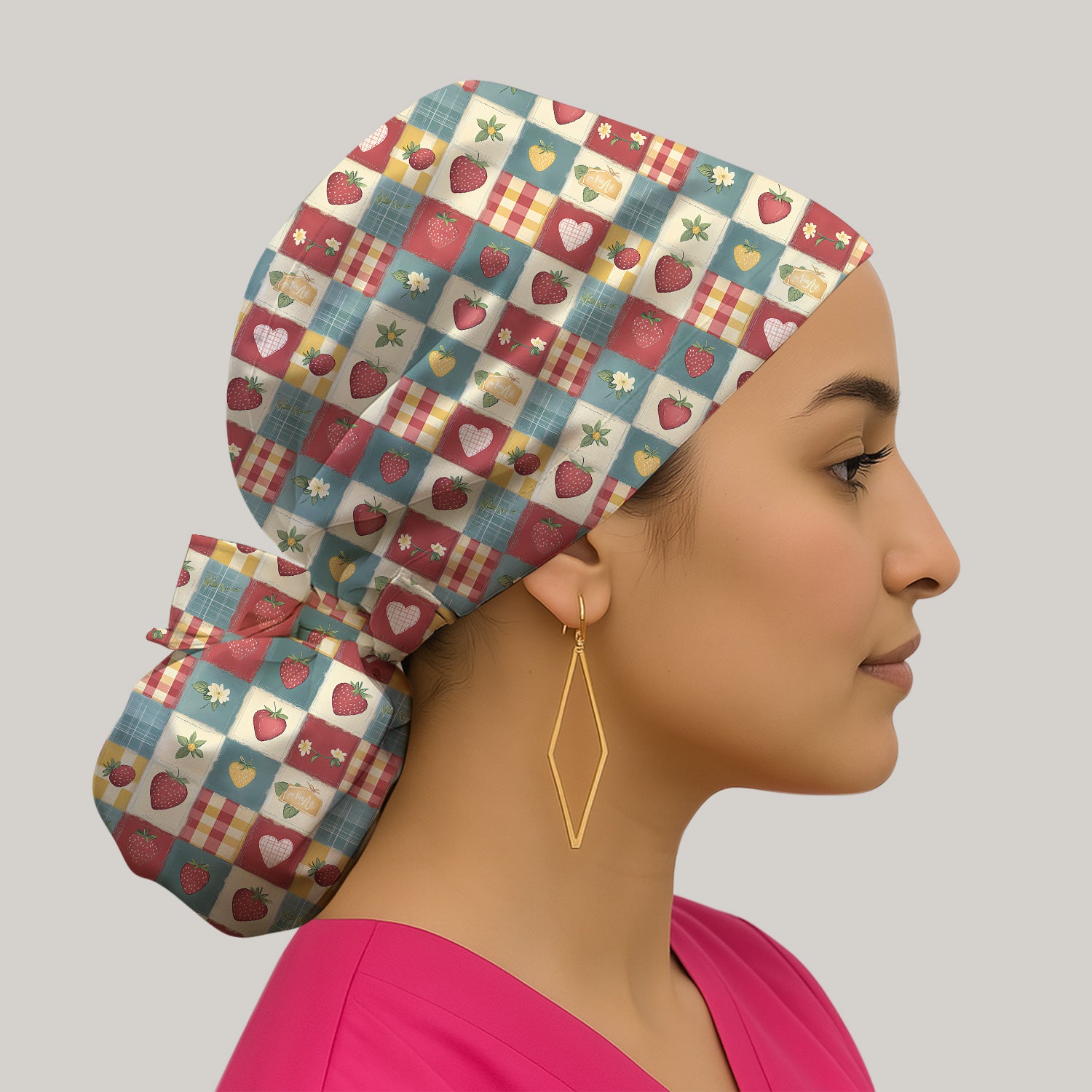 Cute Strawberry Floral Patchwork Pattern Caps, Bouffant Scrub Caps for Women