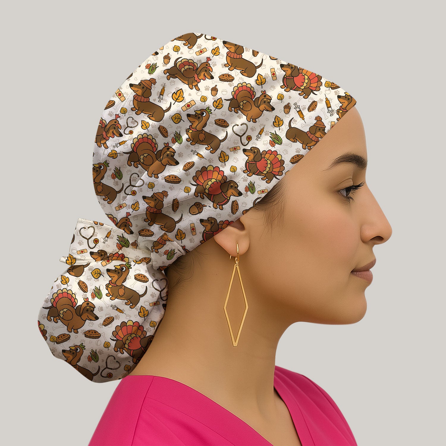 Thanksgiving Wiener Dog Bouffant Scrub Caps for Women - Funny Dachshund Turkey Holiday Nursing Gift - Breathable Fabrics Caps