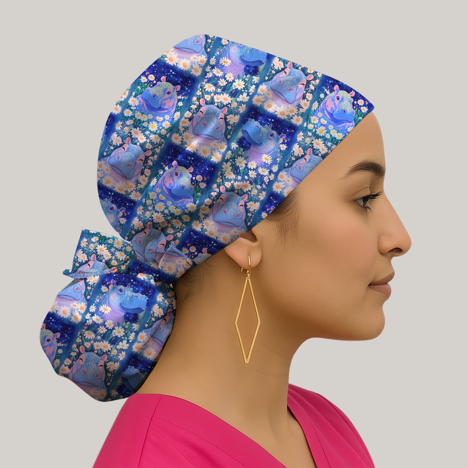 Cute Hippo Daisy Floral Patchwork Scrub Cap, Surgical Caps for Doctors