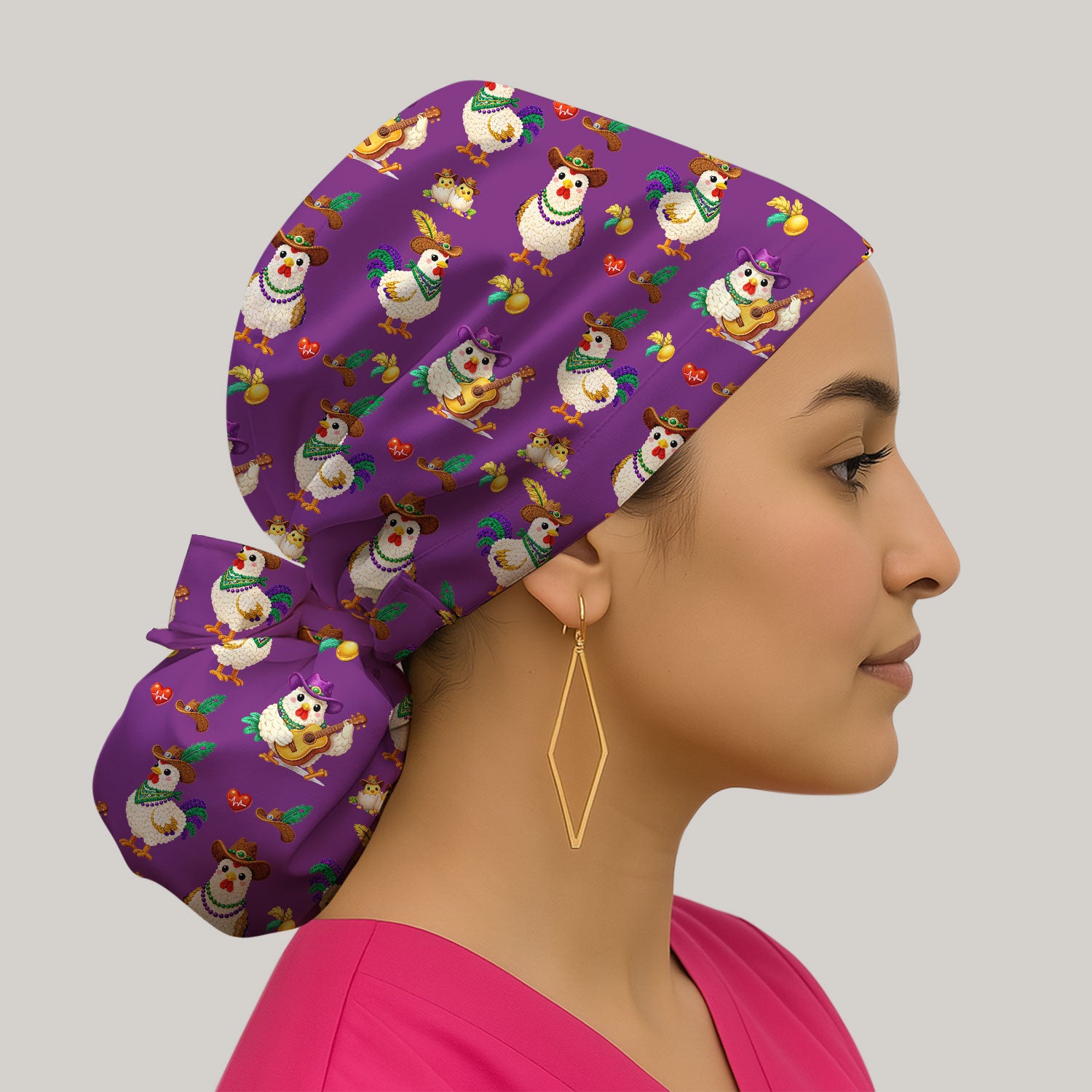 Funny Mardi Gras Rooster Cowboy Print Cap, Bouffant Scrub Caps for Women