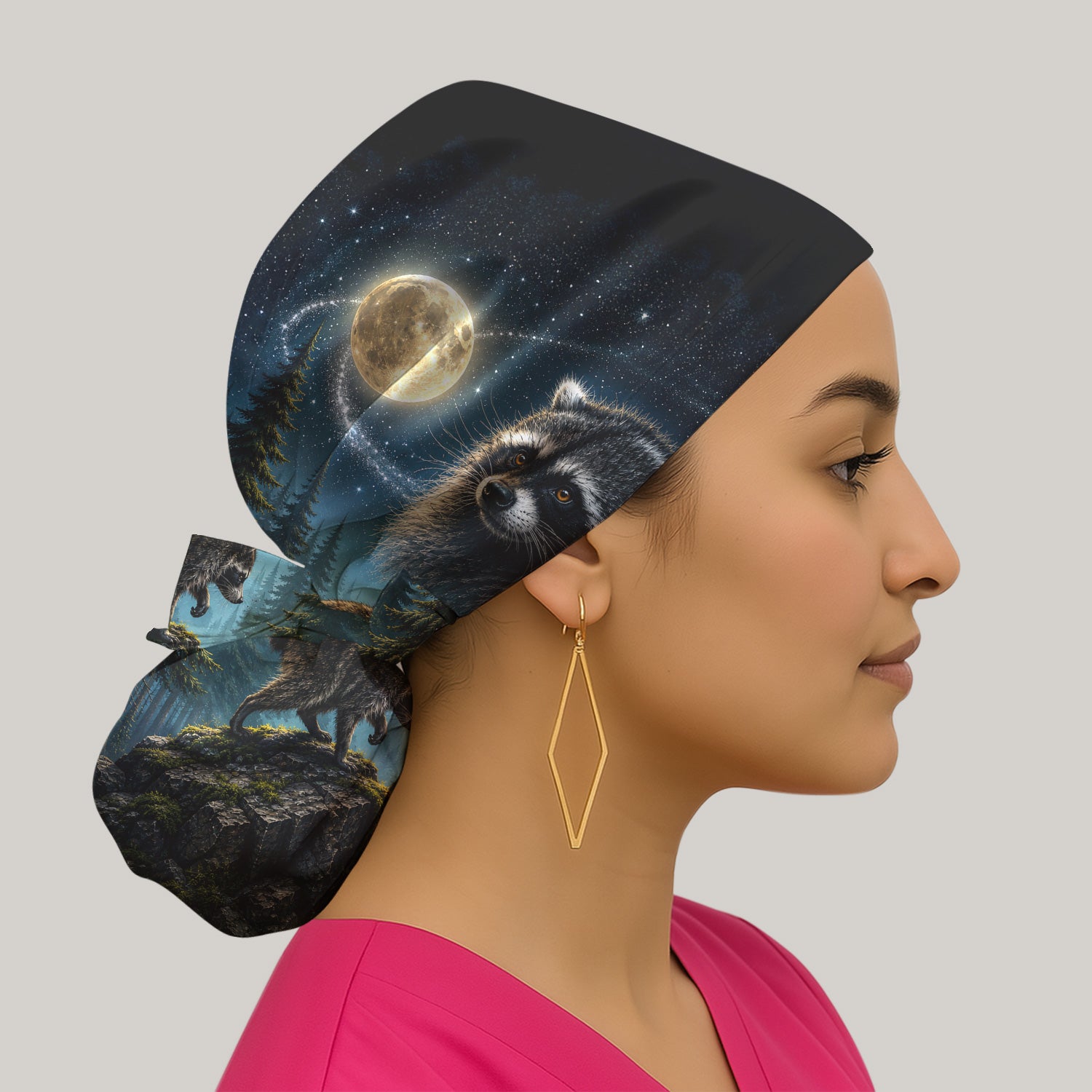 Raccoon On A Moonlit Branch Print Scrub Cap, Surgical Caps for Doctors