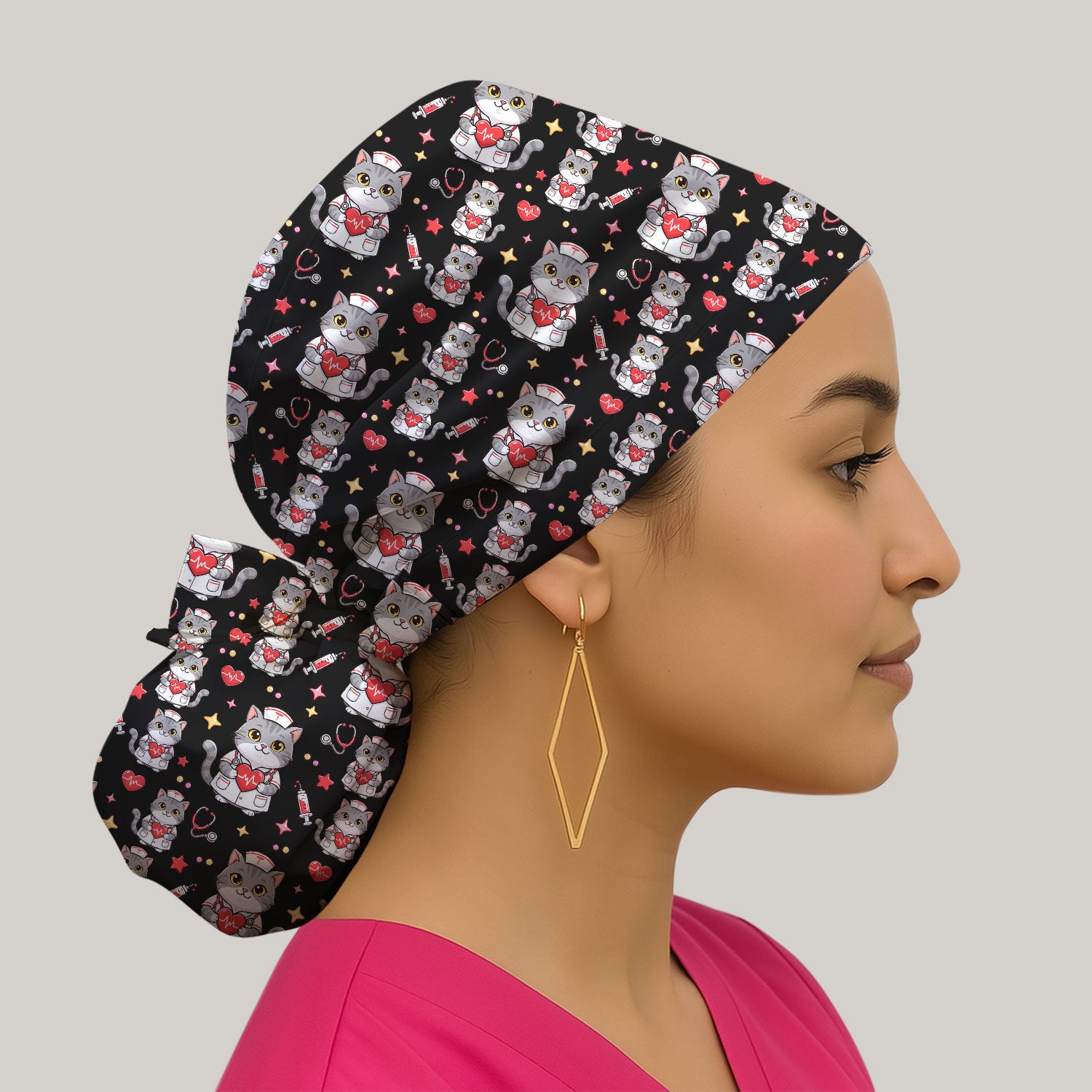 Cute Nurse Cat Heart Medical Print Cap,  Bouffant Scrub Caps for Women