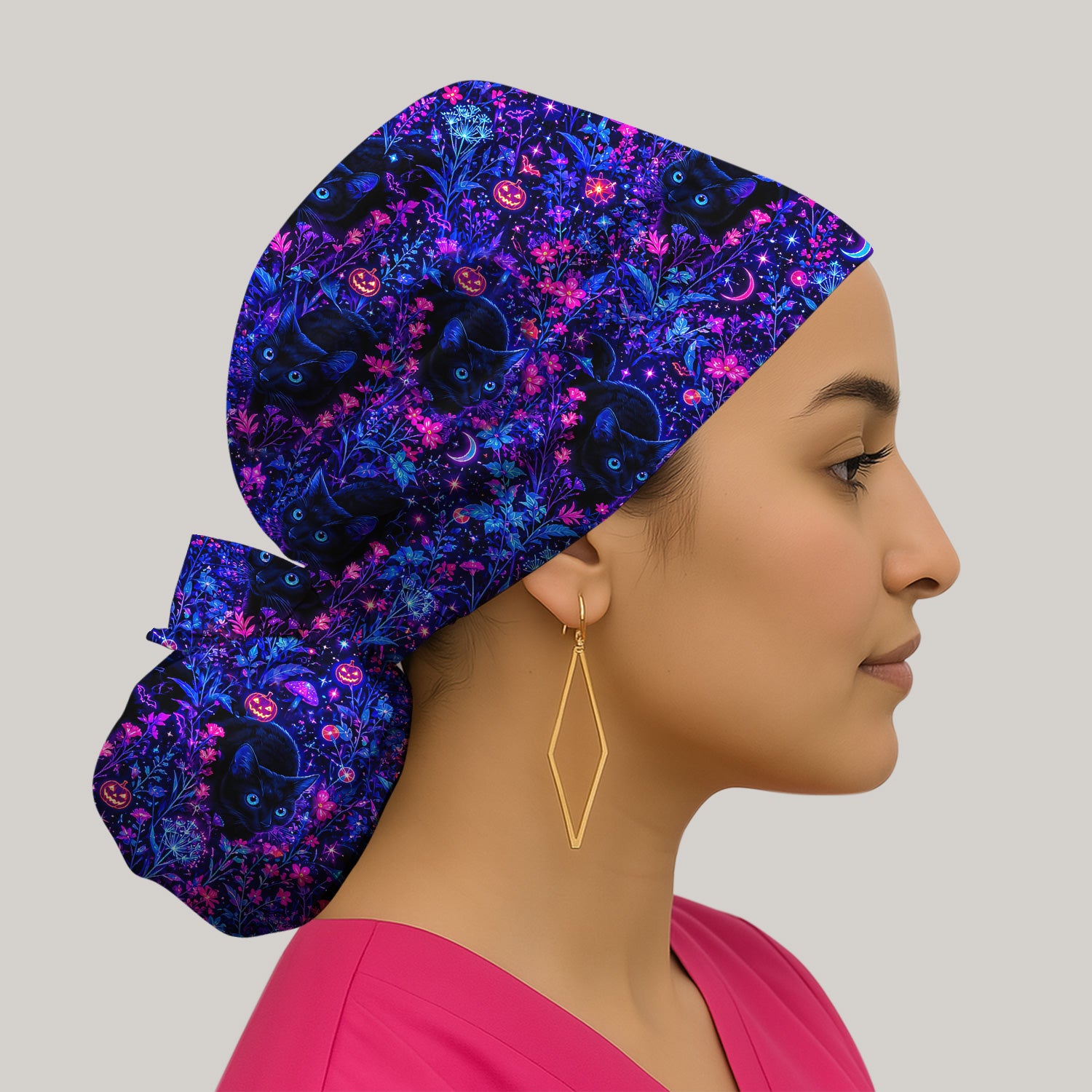 Spooky Black Cat Garden Pattern Scrub Cap, Surgical Caps for Doctors
