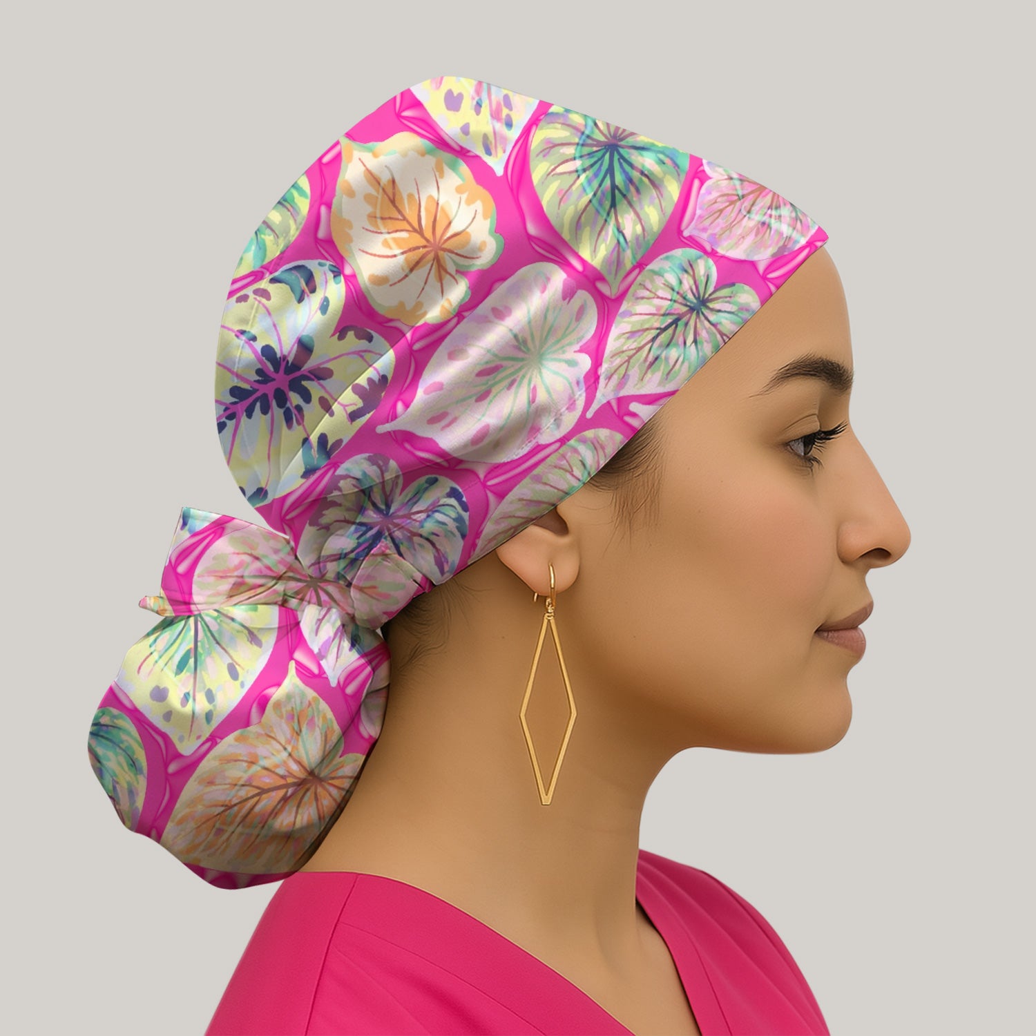 Tropical Colorful Shaped Leaf Nurse Pattern Scrub Cap, Surgical Caps for Doctors