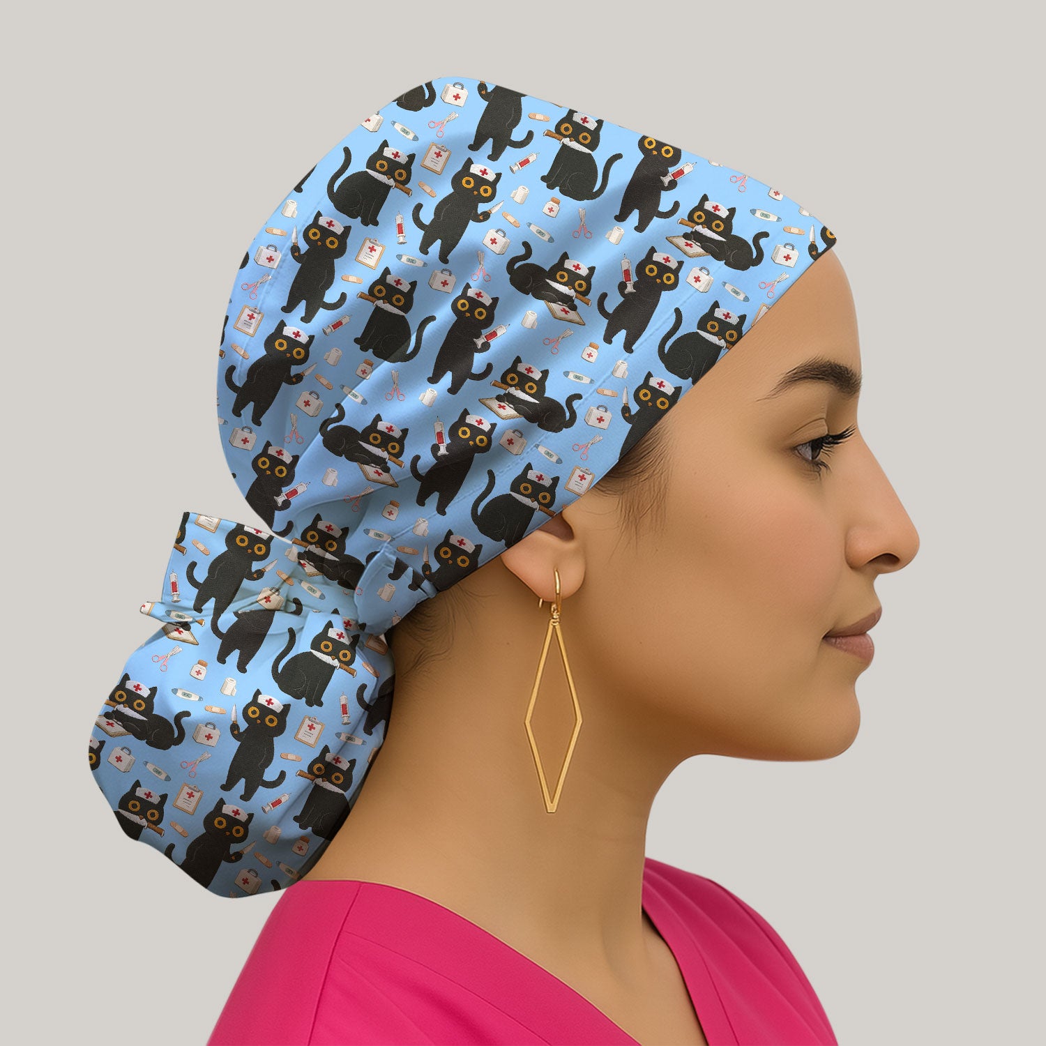Cute Black Cat Nurse Pattern Cap, Bouffant Scrub Caps for Women