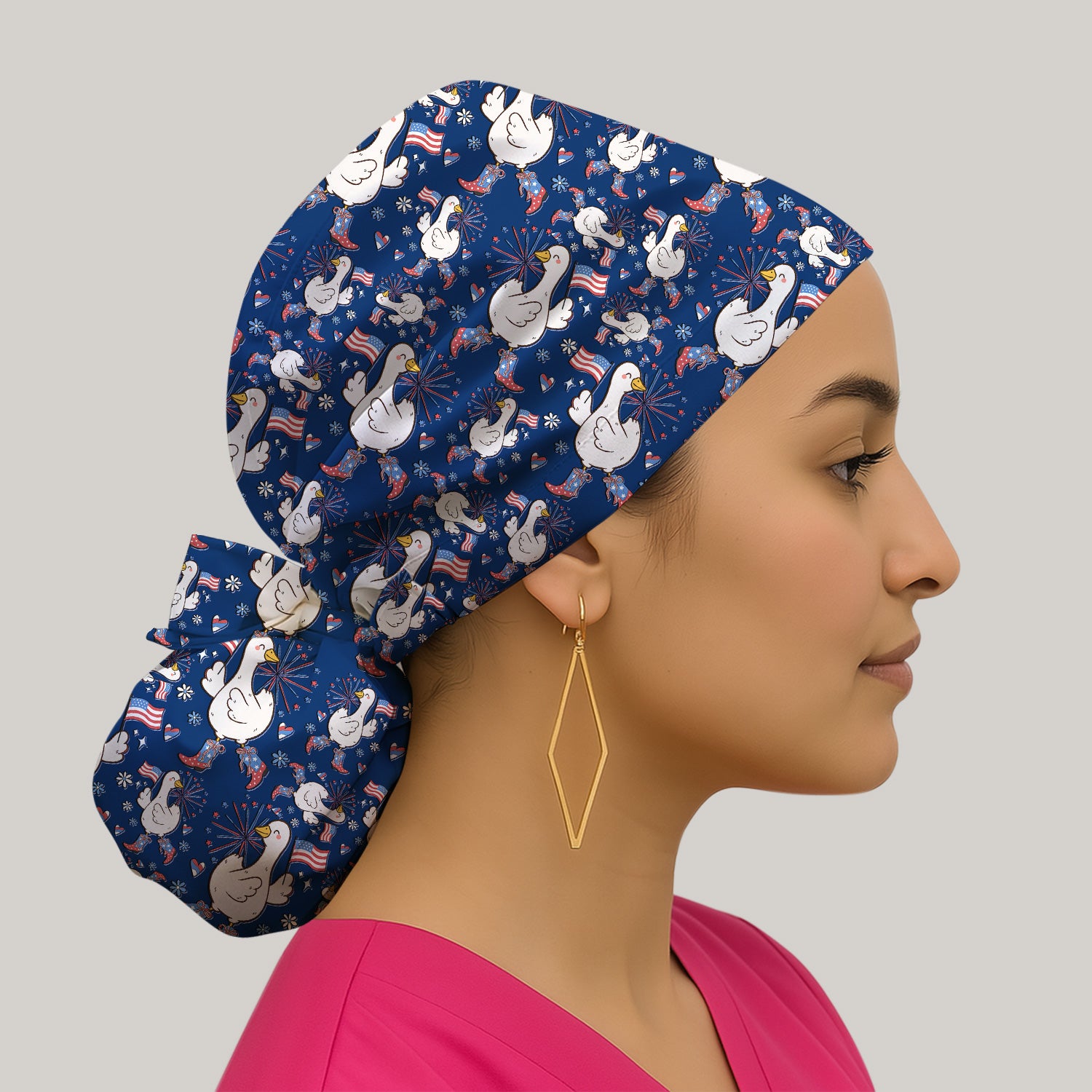 Patriotic Goose With USA Flag Fireworks Scrub Cap, Surgical Caps for Doctors
