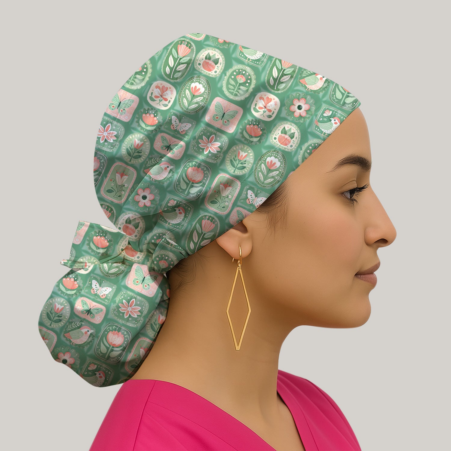 Folk Art Floral Bird Butterfly Garden Pattern Scrub Cap, Surgical Caps for Doctors