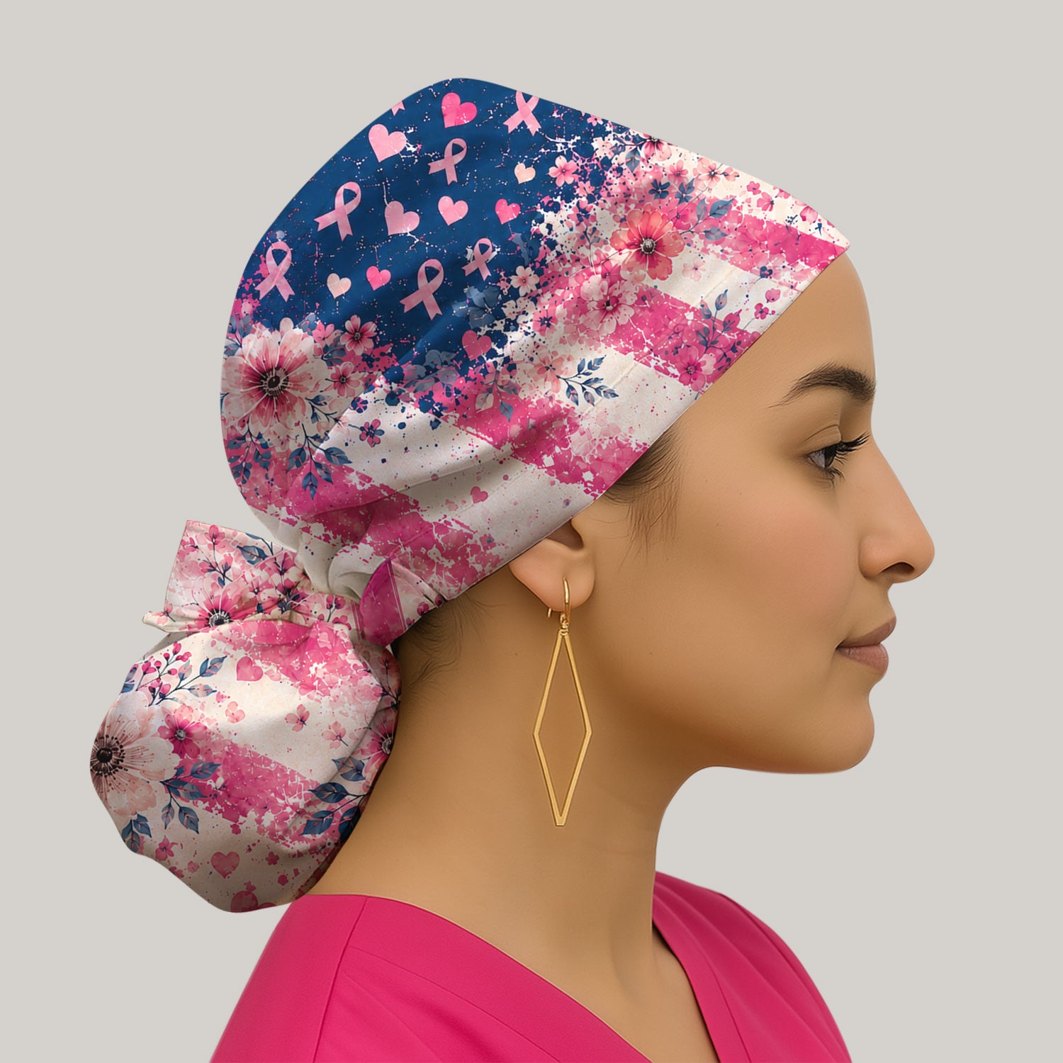 Breast Cancer Floral Flag Scrub Cap, Surgical Caps for Doctors