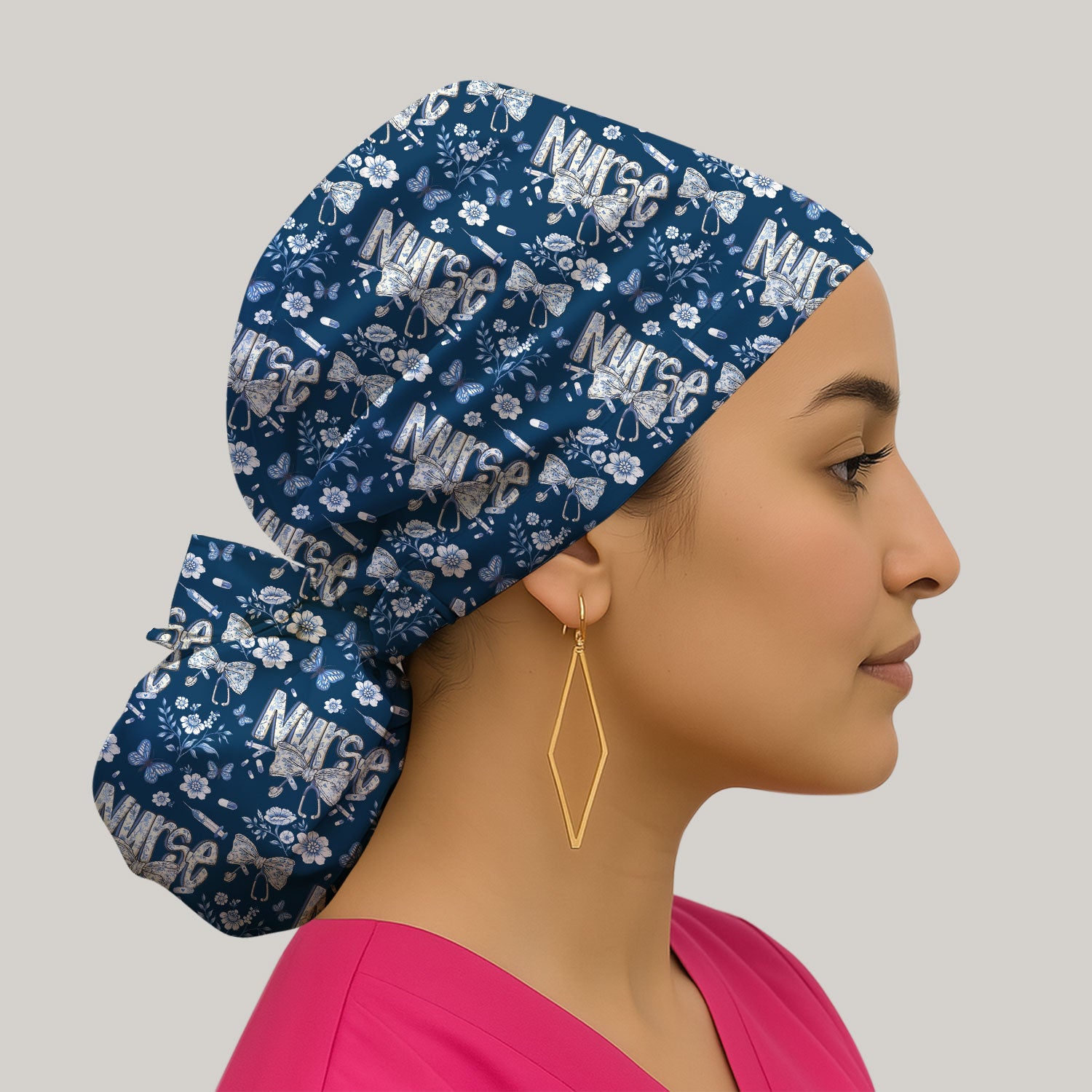 Blue Nurse Letter Floral Butterfly Print Cap, Breathable Fabrics Caps Uniform