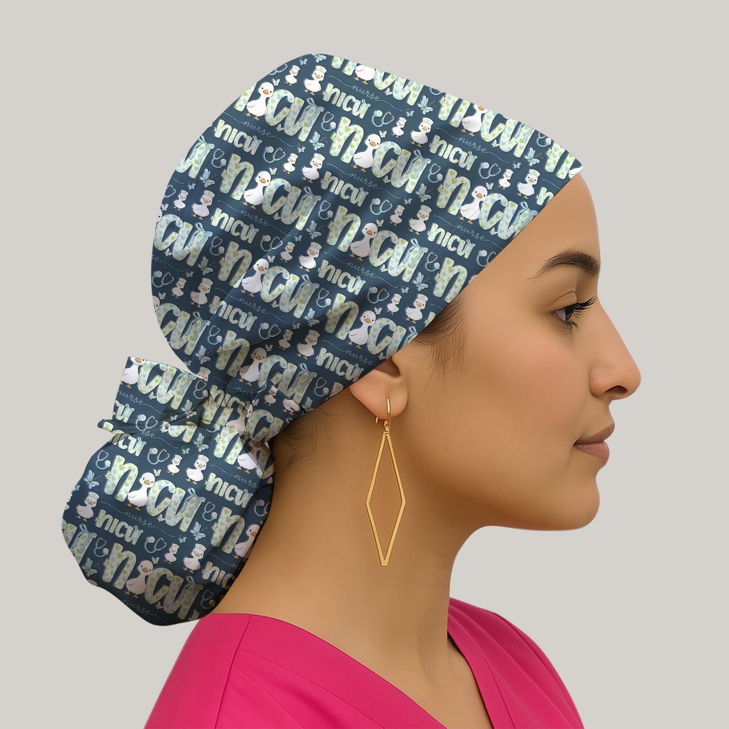NICU Nurse Duck Pattern Cap, Bouffant Scrub Caps for Women