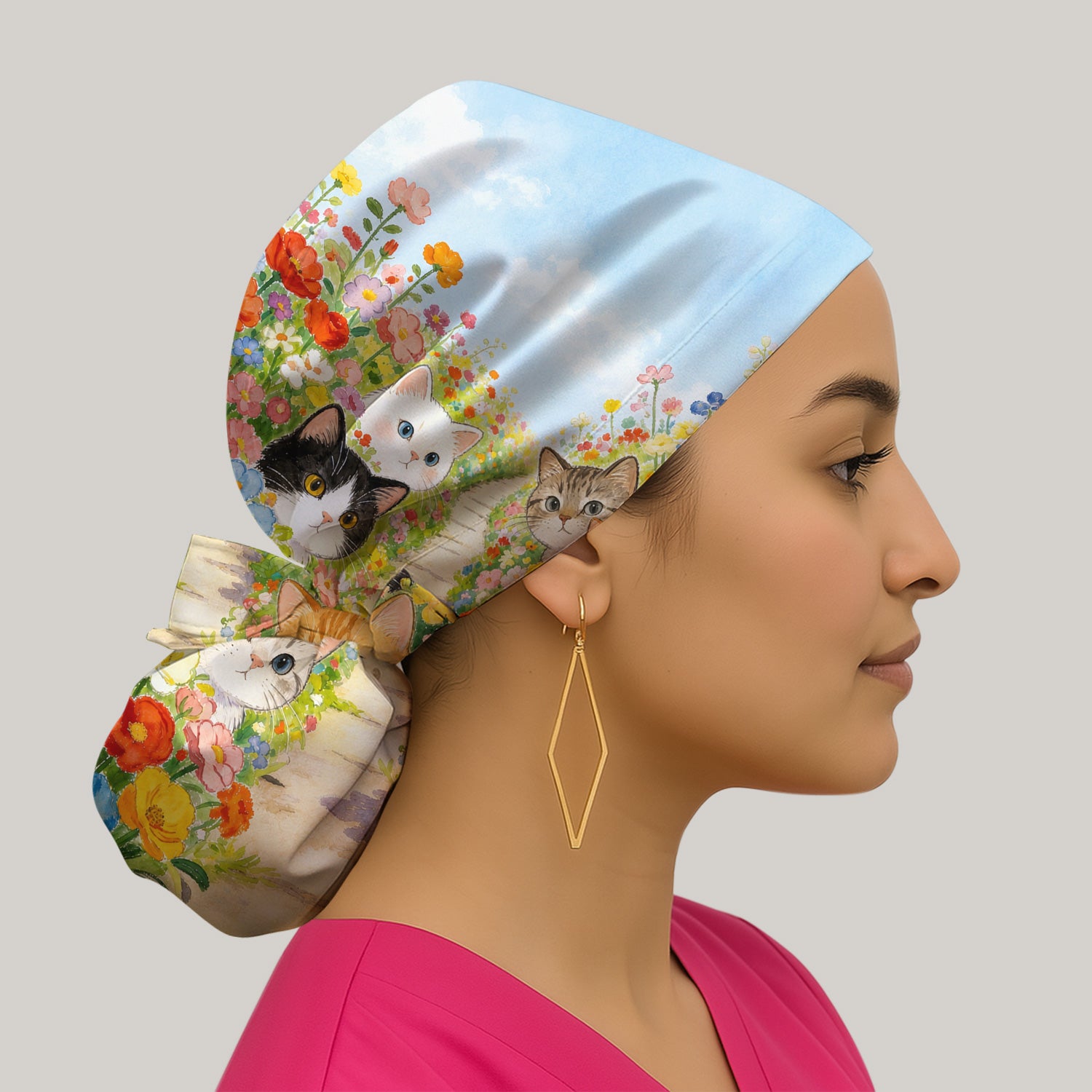 Cute Garden Cats Flower Path Pattern Scrub Cap, Surgical Caps for Doctors