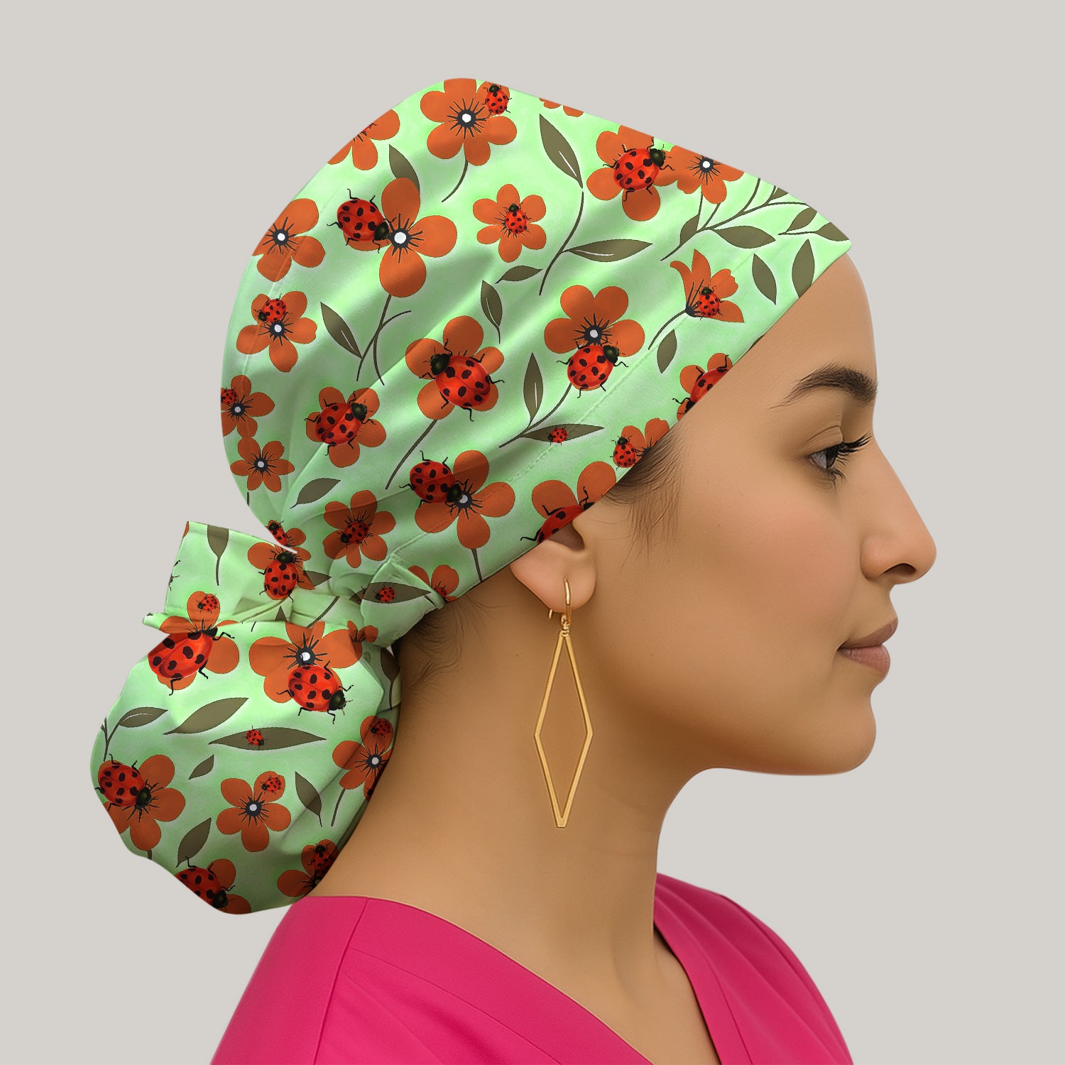 Ladybug on Orange Floral Garden Pattern Scrub Cap, Surgical Caps for Doctors