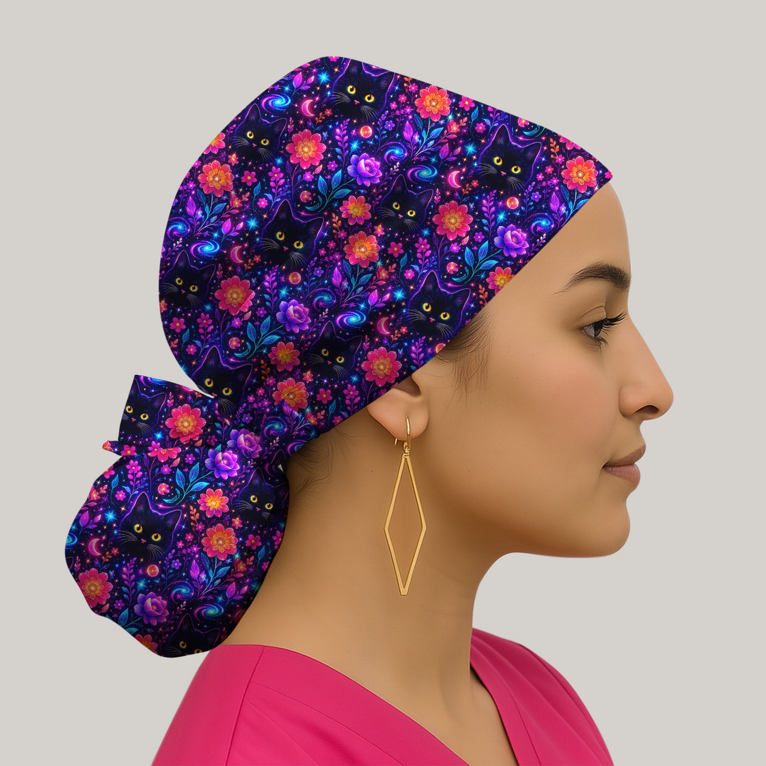 Galaxy Black Cat Floral Pattern Scrub Cap, Surgical Caps for Doctors