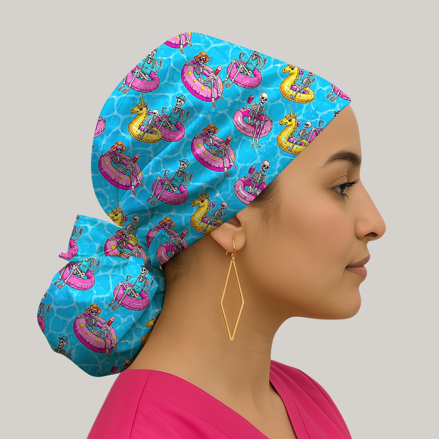 Summerween Skeleton with Pool Float Print Scrub Cap, Surgical Caps for Doctors