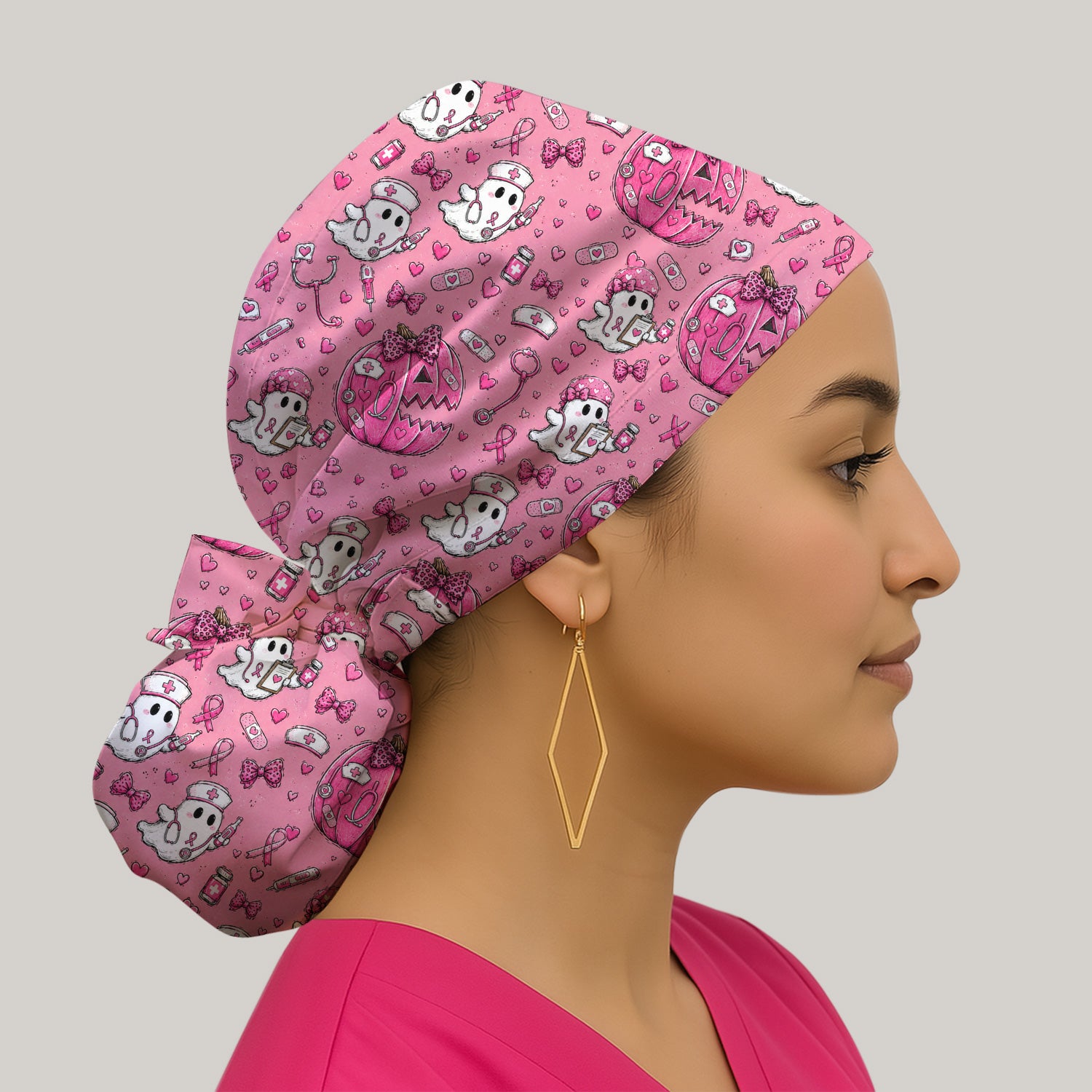 Pink Ribbon Ghost Pattern Scrub Cap, Surgical Caps for Doctors