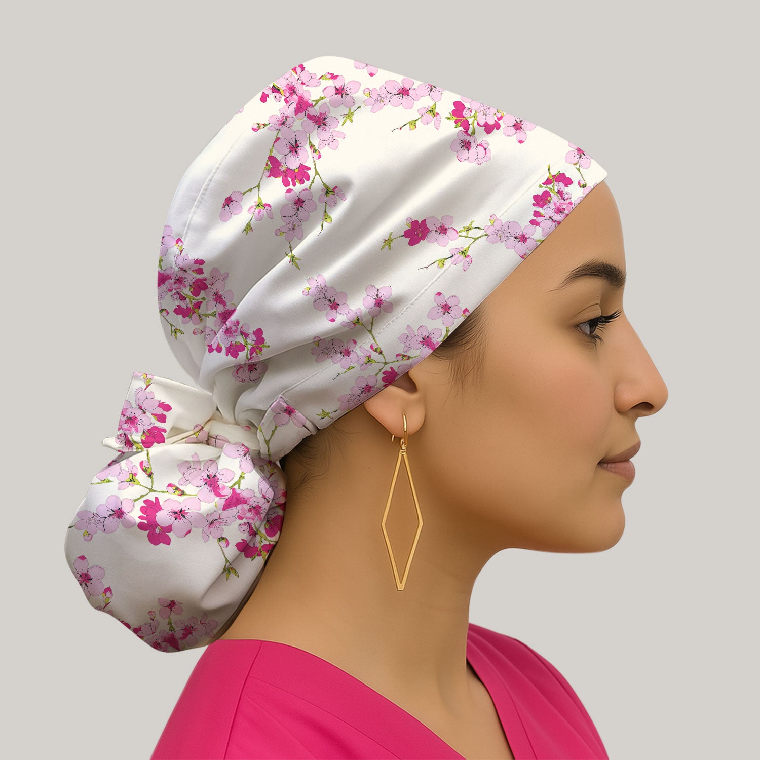 Elegant Cherry Blossom Floral Pattern Bouffant Cap, Scrub Caps for Women