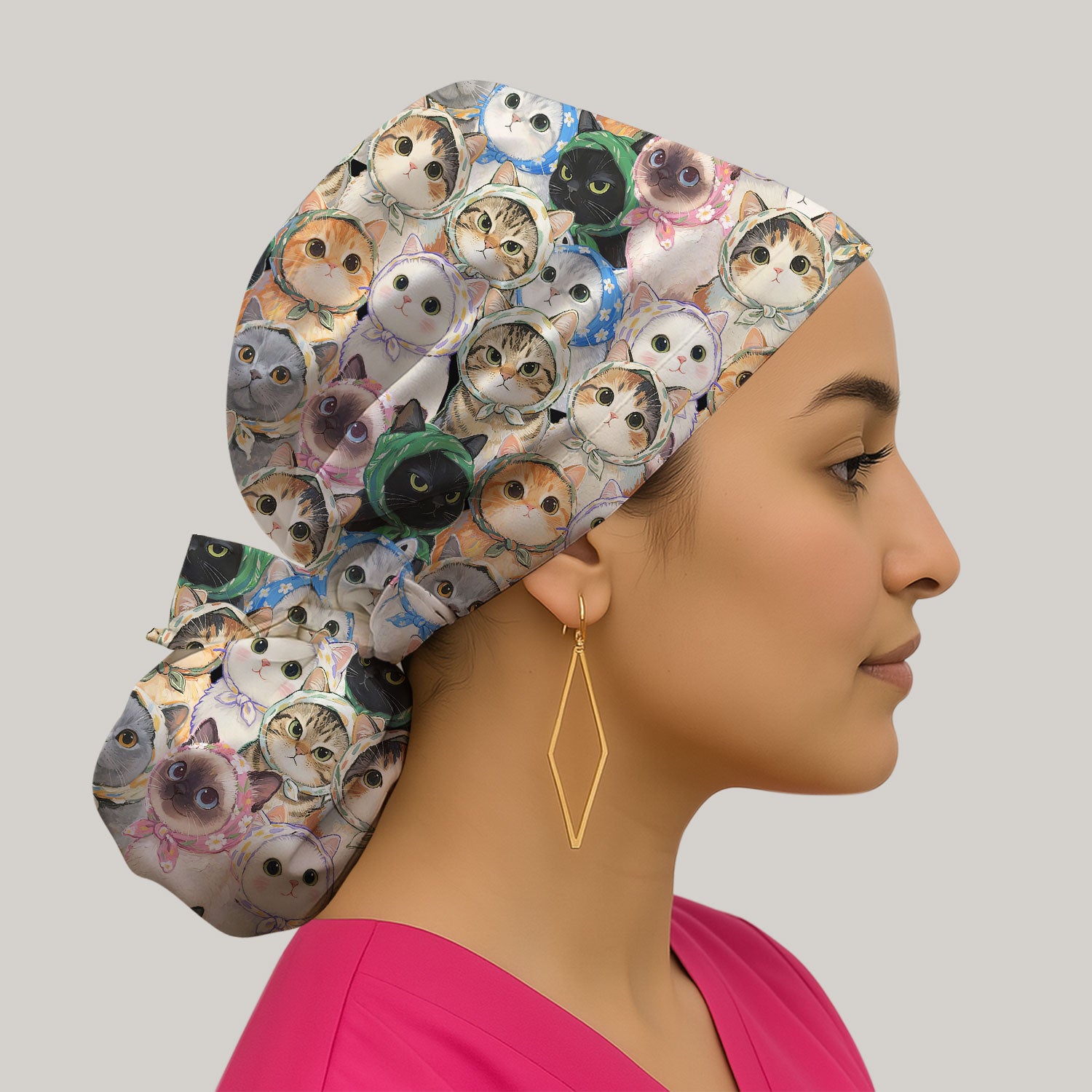 Adorable Multi Cat Portrait Pattern Scrub Cap,  Surgical Caps for Doctors