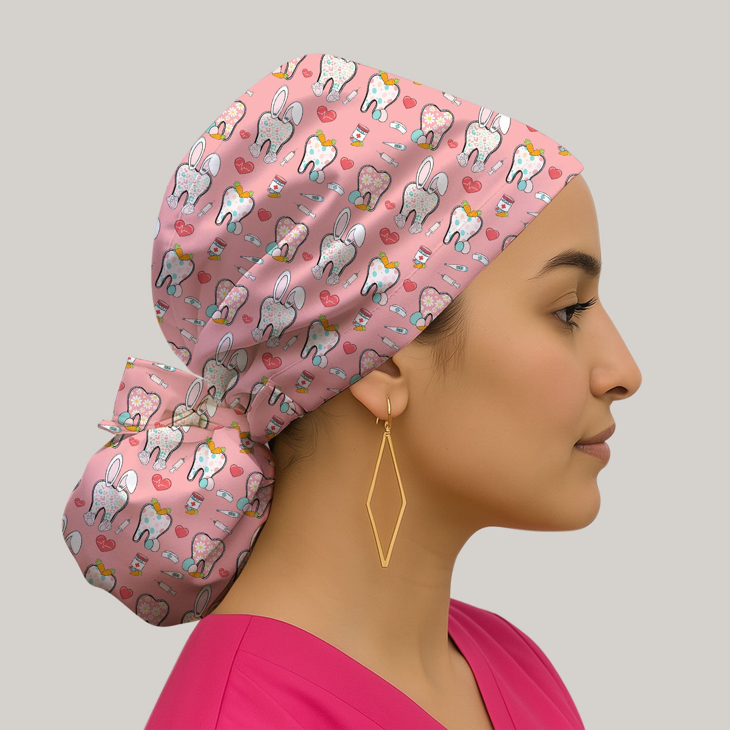 Playful Bunny Dentist Illustration Medical Cap, Bouffant Scrub Caps for Women