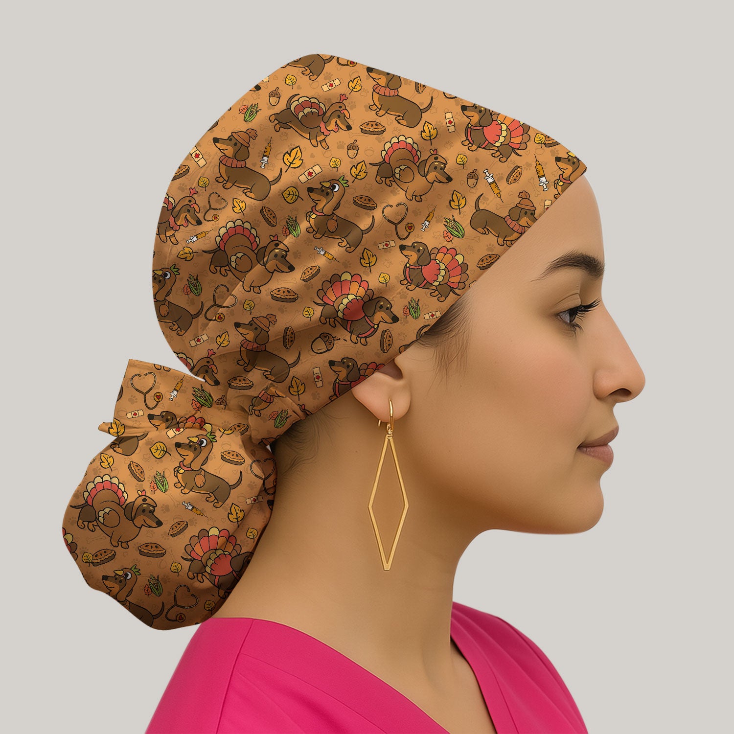Thanksgiving Wiener Dog Bouffant Scrub Caps for Women - Funny Dachshund Turkey Holiday Nursing Gift - Breathable Fabrics Caps