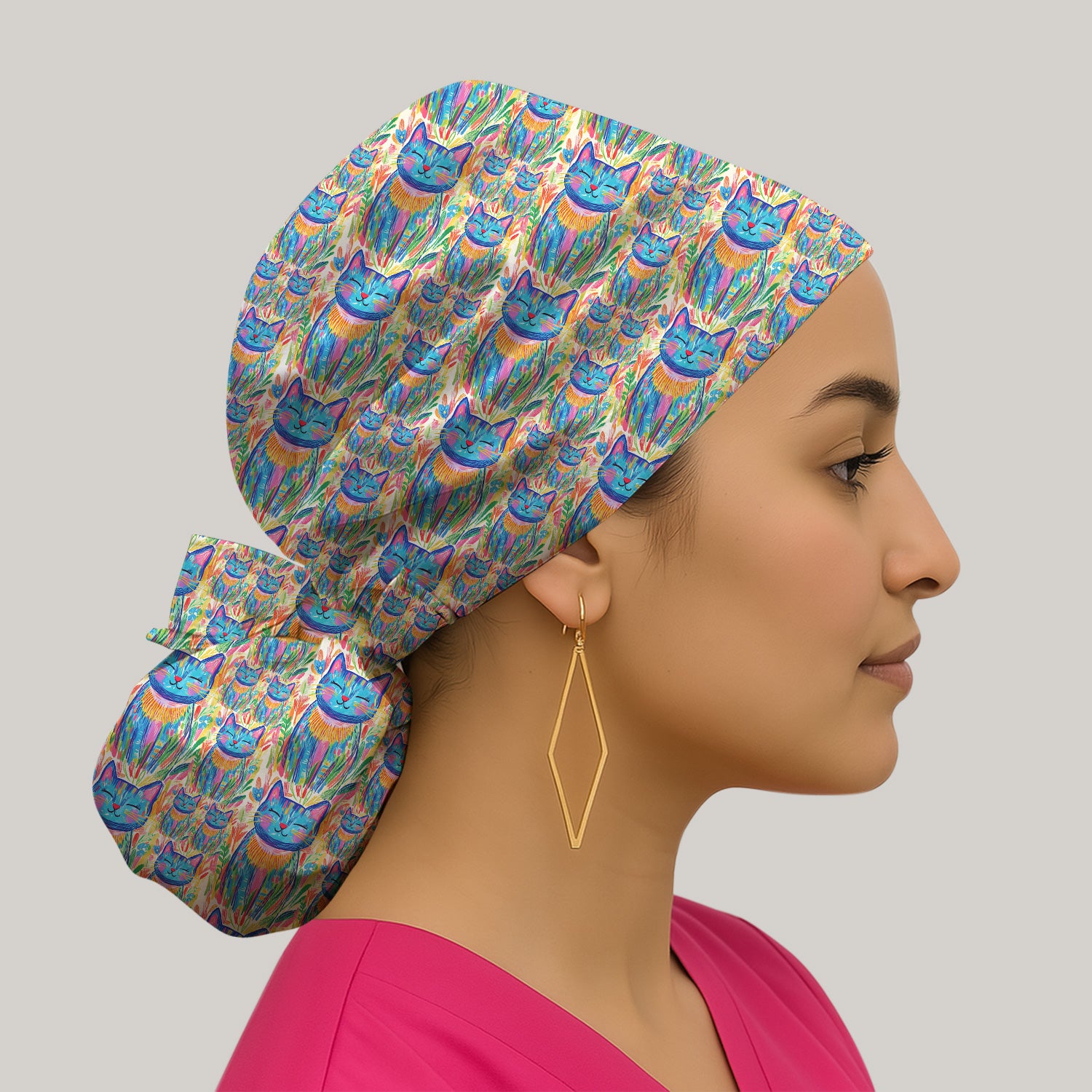 Colorful Rainbow Cat With Floral Brushstroke Scrub Cap, Surgical Caps for Doctors