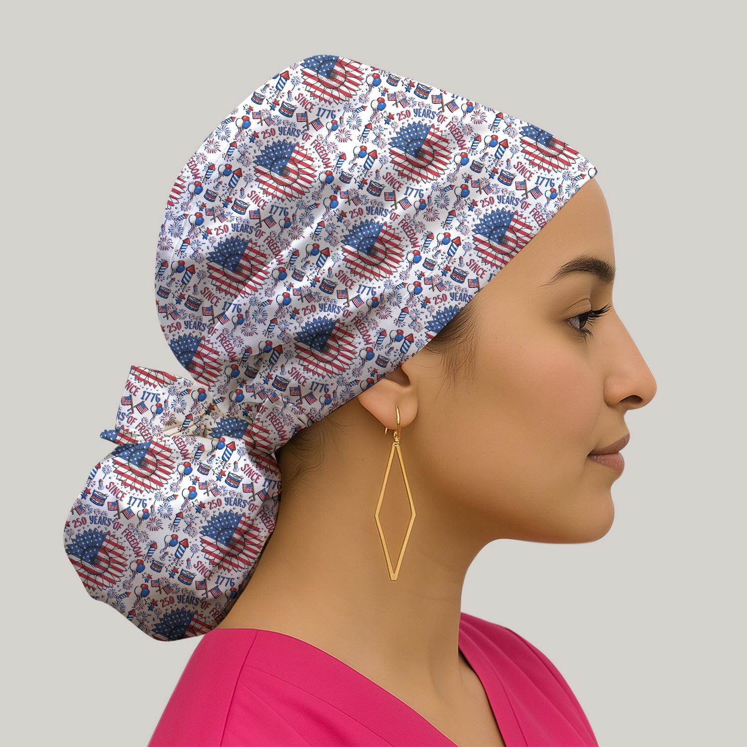 Festive Patriotic Sunflower American Flag Fireworks Pattern Scrub Cap, Surgical Caps for Doctors