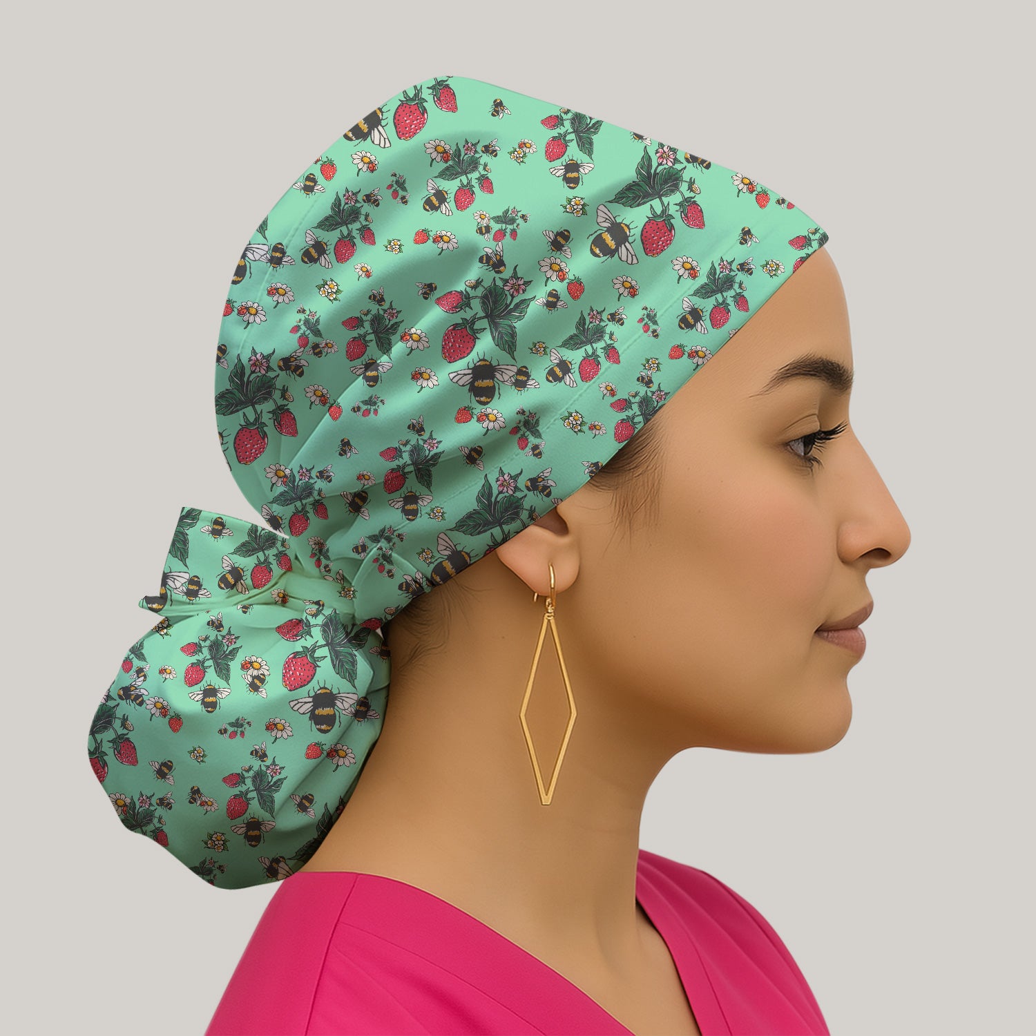 Cute Strawberry Bee Daisy Floral Pattern Scrub Cap, Bouffant Scrub Caps for Women