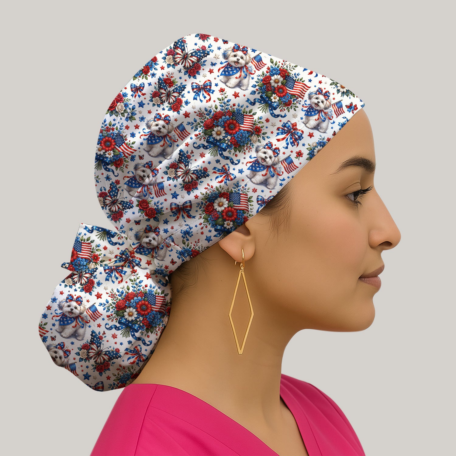 Patriotic Puppy Floral Bouquet Pattern Scrub Cap, Surgical Caps for Doctors