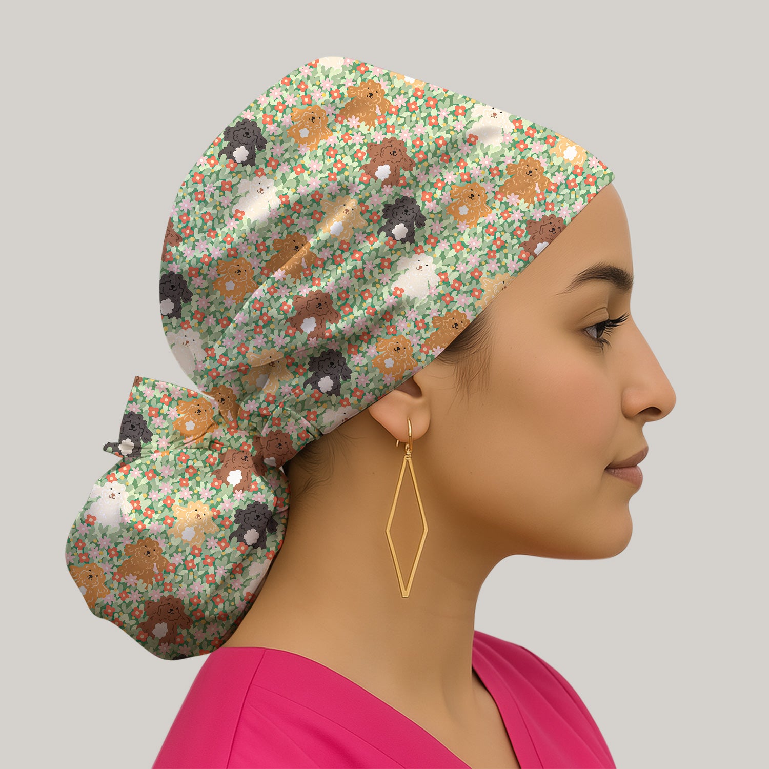 Cute Poodle Dogs Floral Pattern Caps, Bouffant Scrub Caps for Women