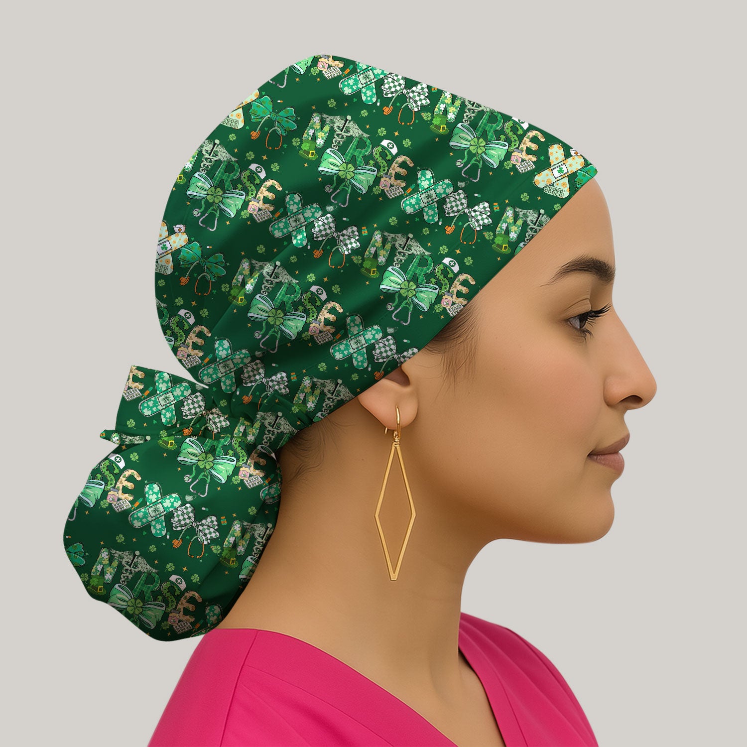 St. Patrick’s Nurse Scrub Cap, Lucky Clover And Green Bow Pattern Nurse Hat, Breathable Fabrics Nursing Uniform