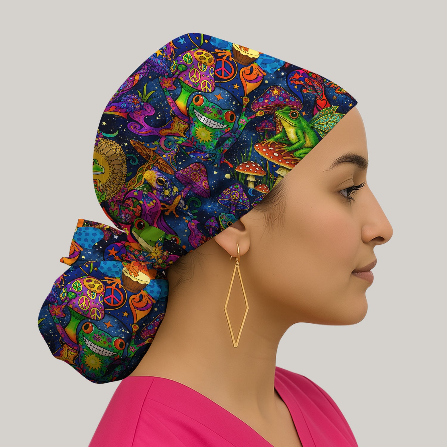 Psychedelic Frog with Mushroom Peace Print Scrub Cap, Surgical Caps for Doctors