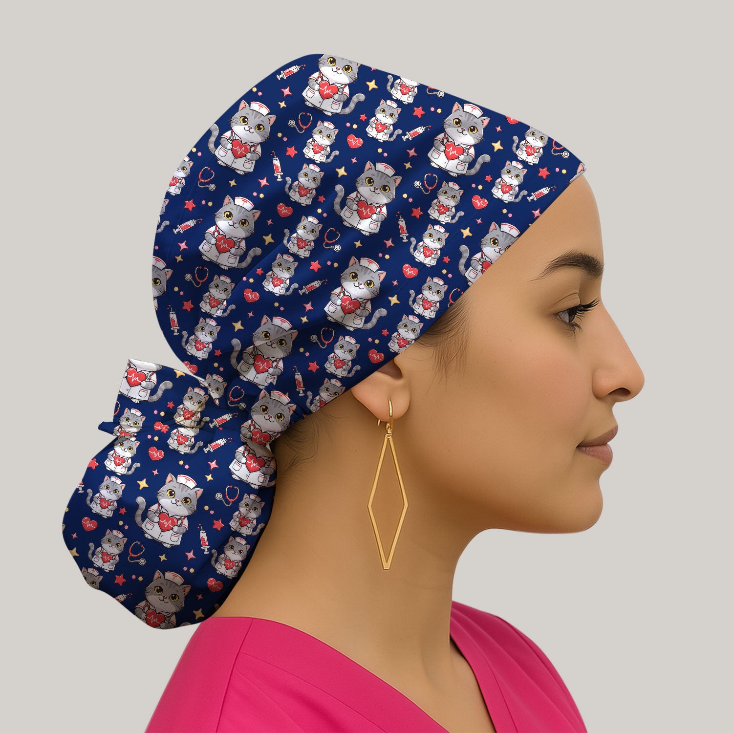 Cute Nurse Cat Heart Medical Print Cap,  Bouffant Scrub Caps for Women