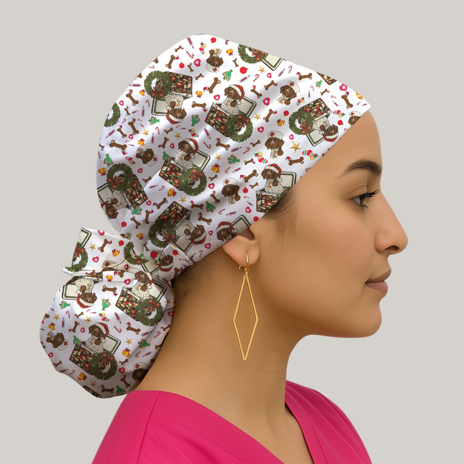 Christmas Dachshund Bouffant Scrub Caps for Women - Cute Sausage Dog Nursing Gift