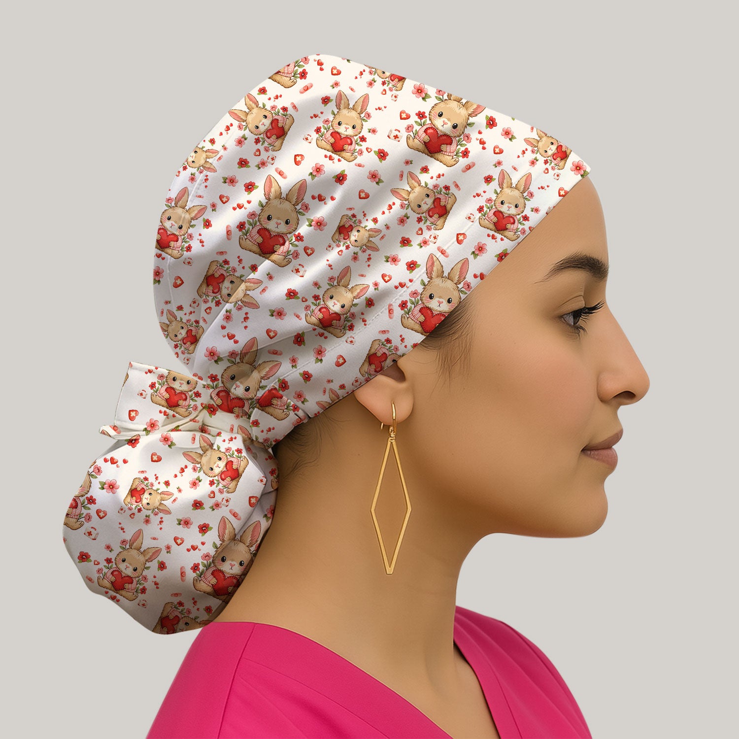 Adorable Bunny Heart Healthcare Design Cap, Bouffant Scrub Caps for Women