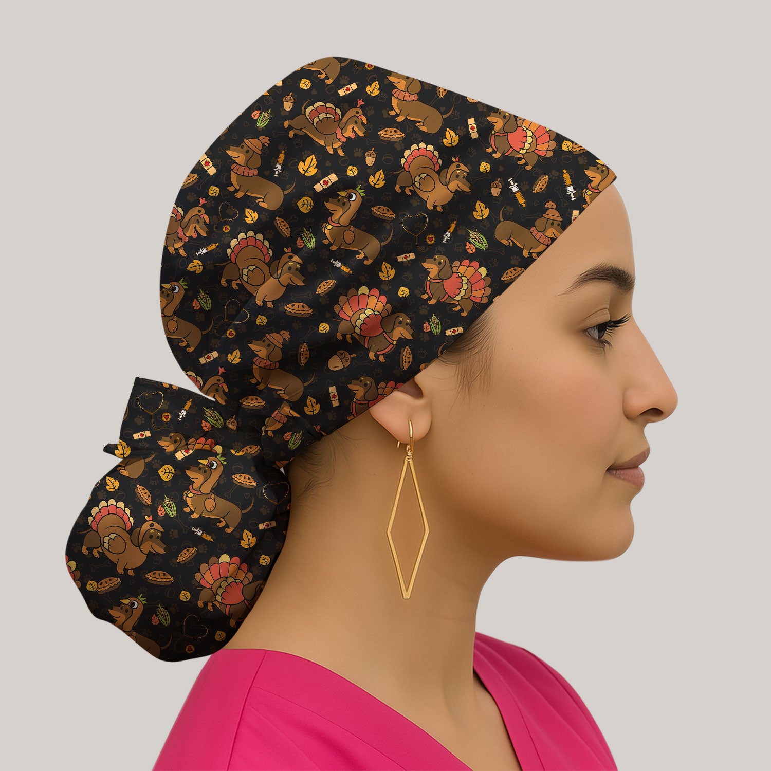Thanksgiving Wiener Dog Bouffant Scrub Caps for Women - Funny Dachshund Turkey Holiday Nursing Gift - Breathable Fabrics Caps