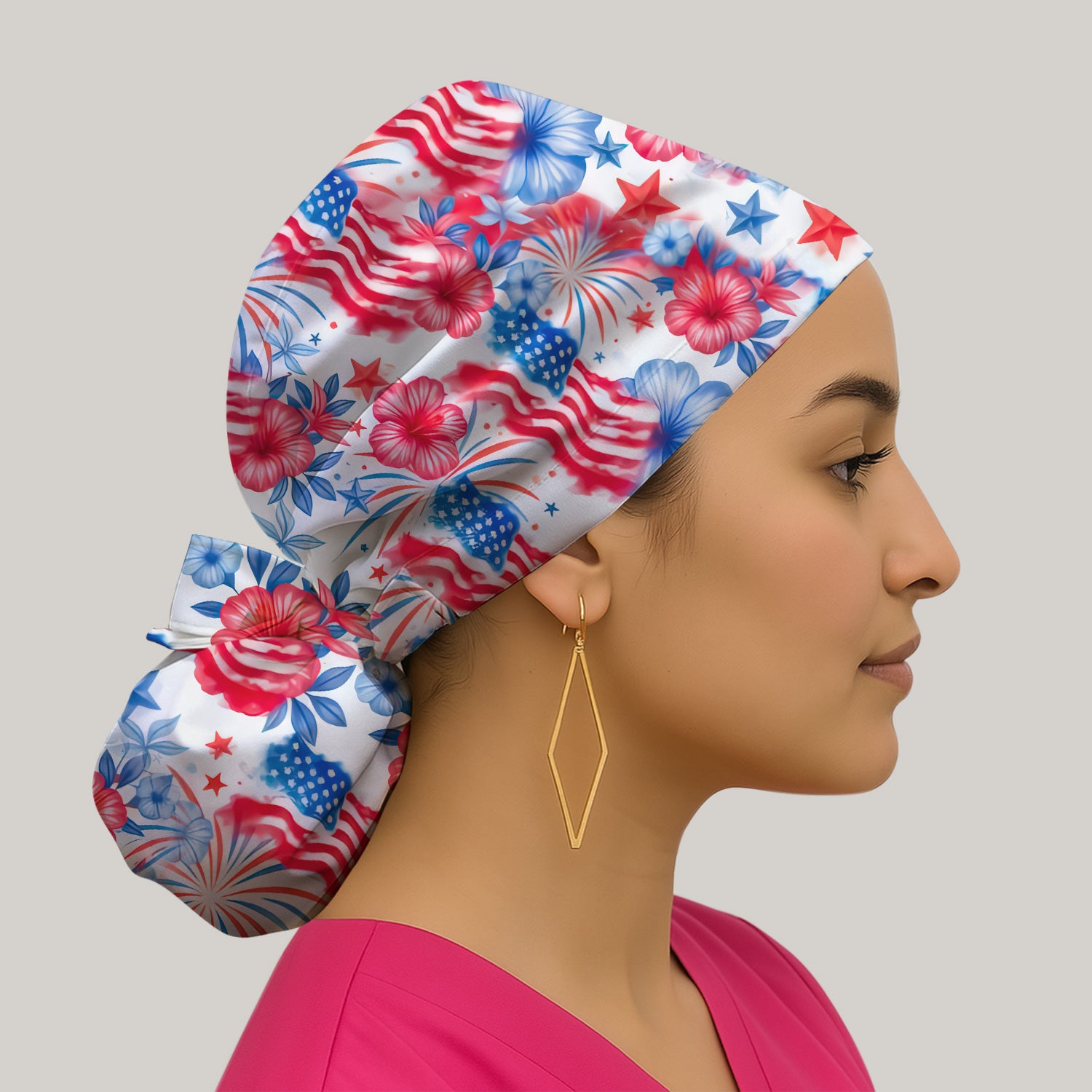 Patriotic American Flag Floral Pattern Nurse Scrub Cap, Surgical Caps for Doctors